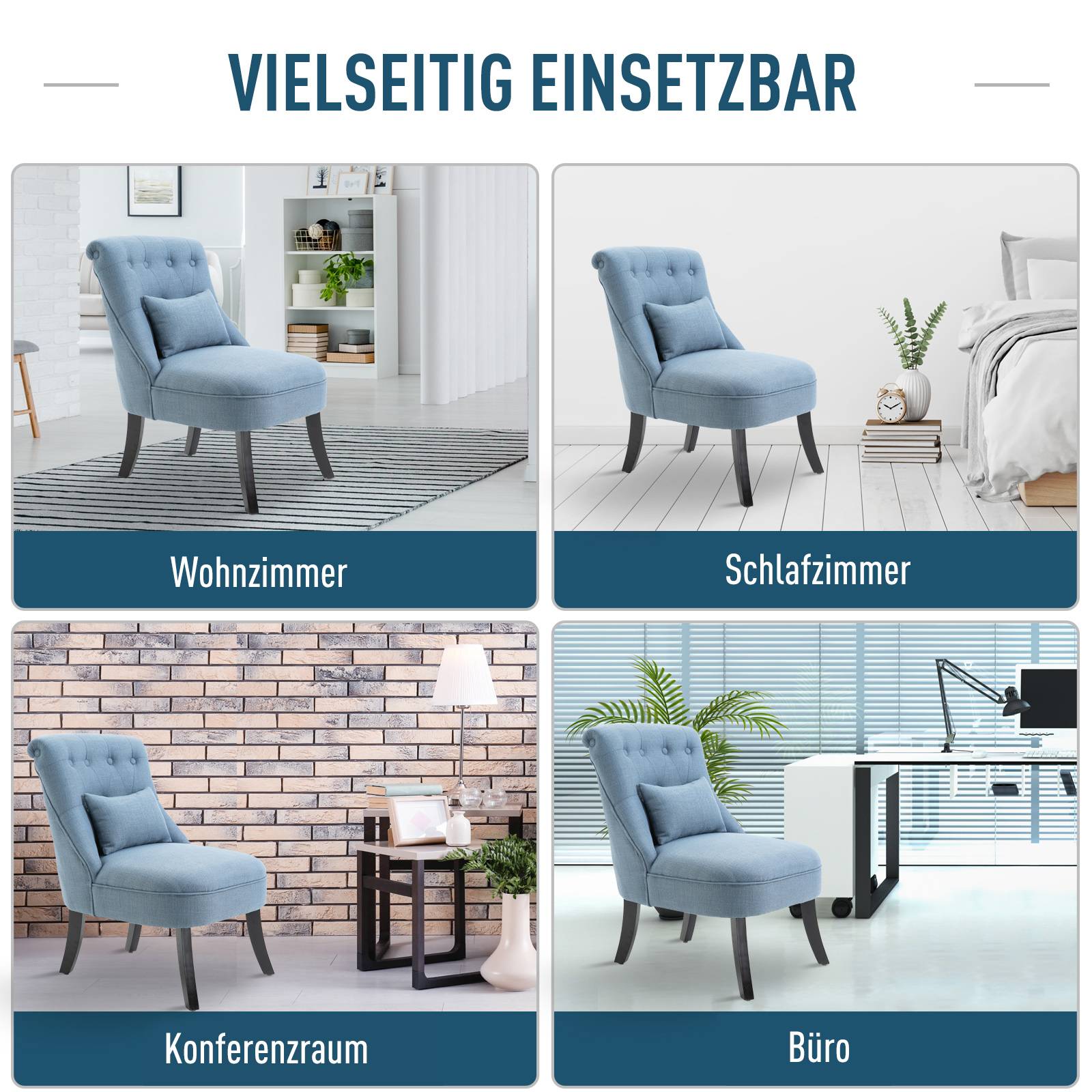 Fauteuil inclinable de salon avec coussin dossier, chaise longue relaxation, pieds bois, tissu aspect lin, bleu - Image 8