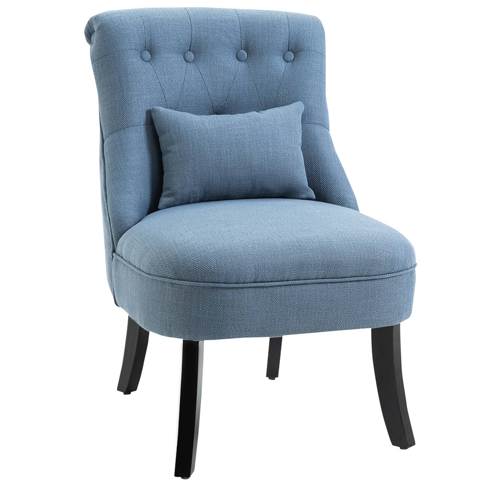 Fauteuil inclinable de salon avec coussin dossier, chaise longue relaxation, pieds bois, tissu aspect lin, bleu - Image 2