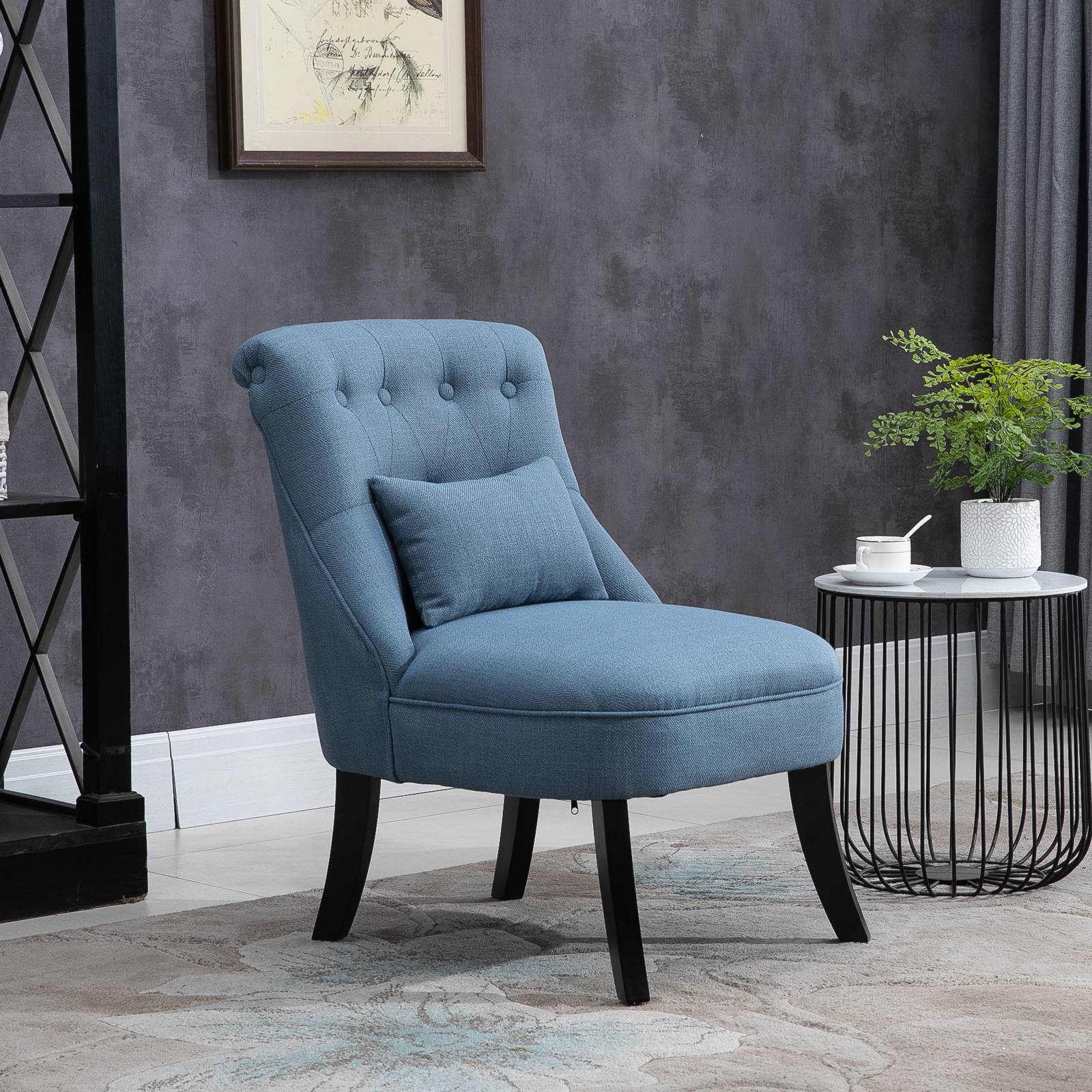 Fauteuil inclinable de salon avec coussin dossier, chaise longue relaxation, pieds bois, tissu aspect lin, bleu - Image 4