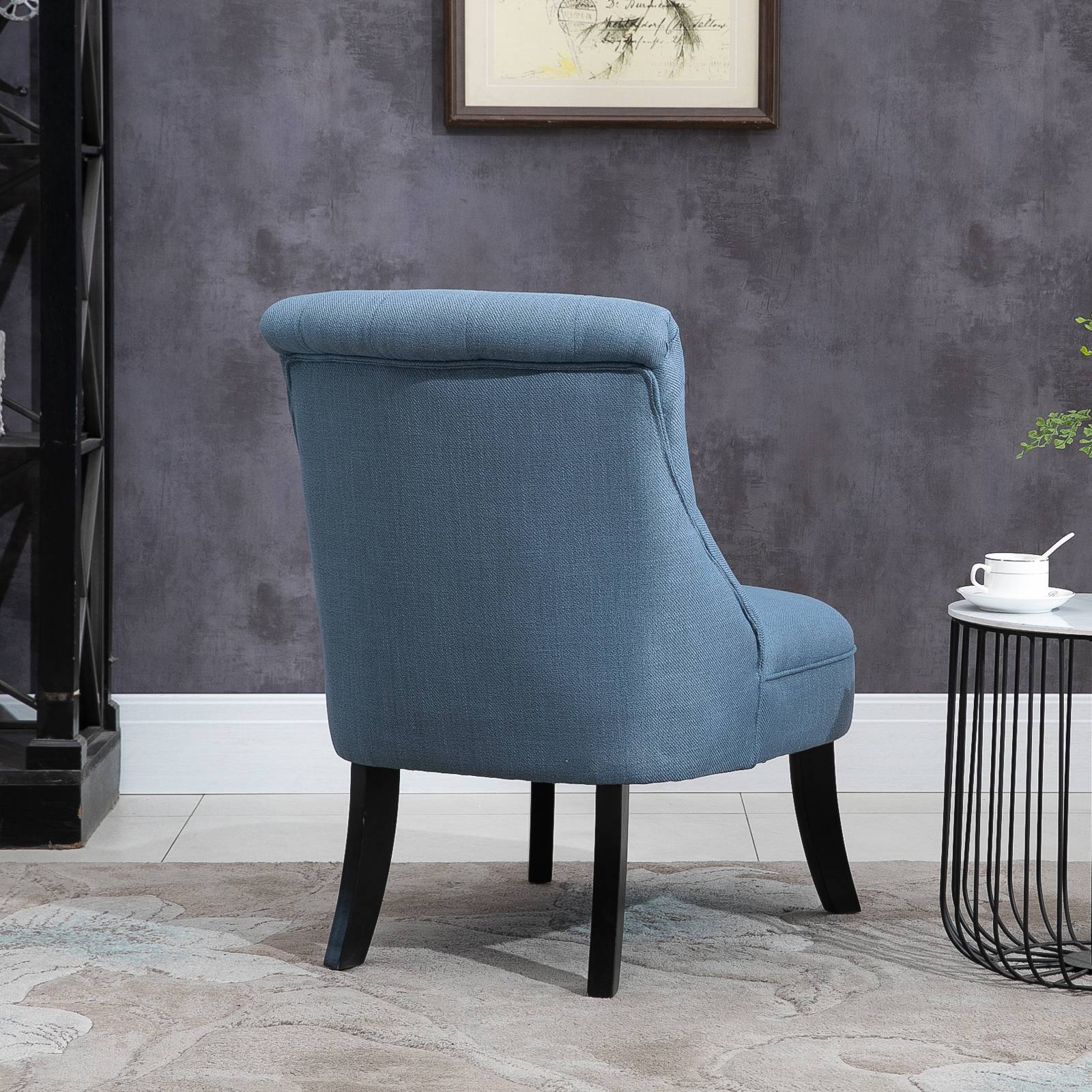 Fauteuil inclinable de salon avec coussin dossier, chaise longue relaxation, pieds bois, tissu aspect lin, bleu - Image 9