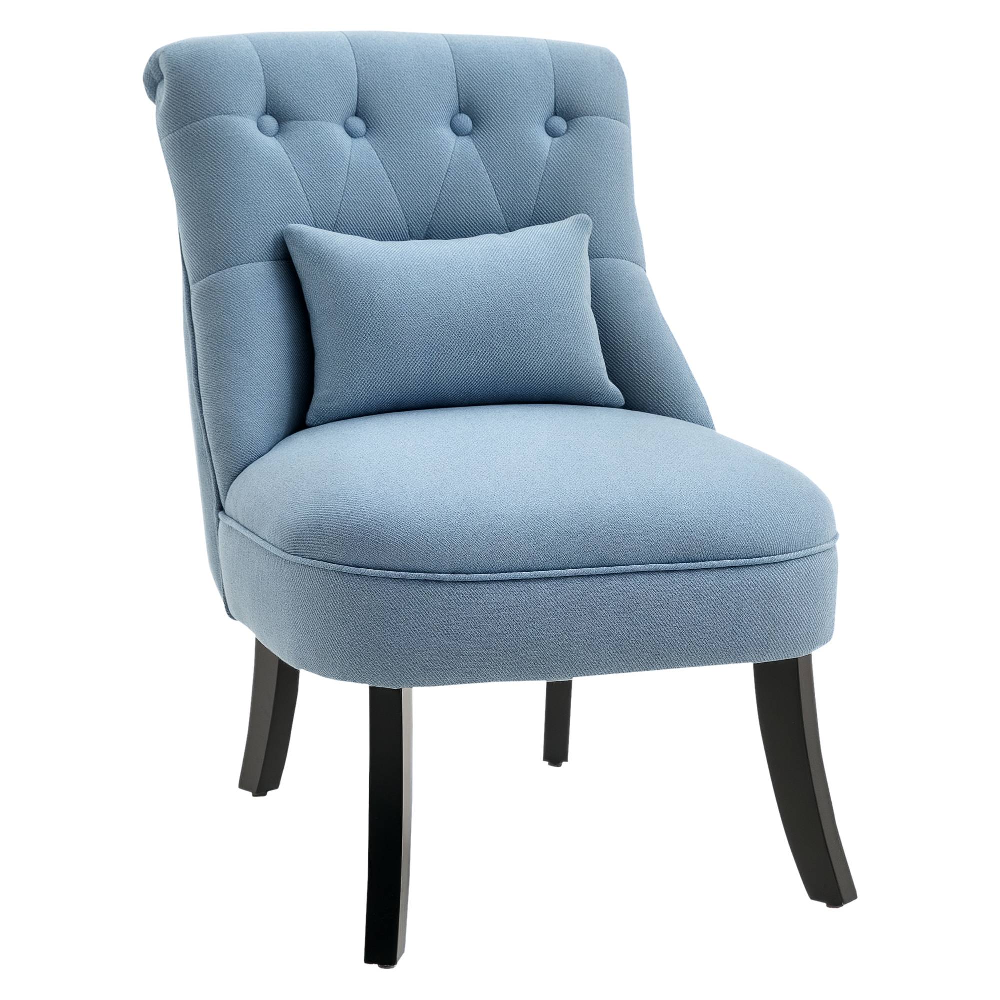 Fauteuil inclinable de salon avec coussin dossier, chaise longue relaxation, pieds bois, tissu aspect lin, bleu - Image 1