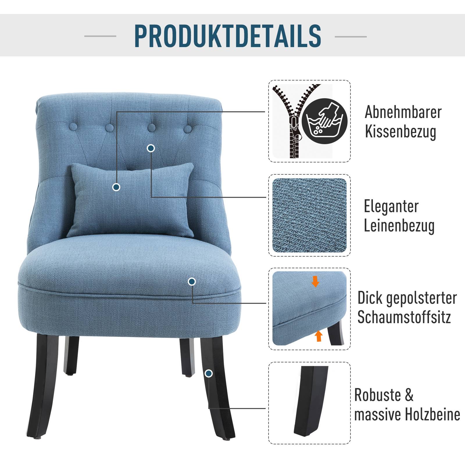 Fauteuil inclinable de salon avec coussin dossier, chaise longue relaxation, pieds bois, tissu aspect lin, bleu - Image 6
