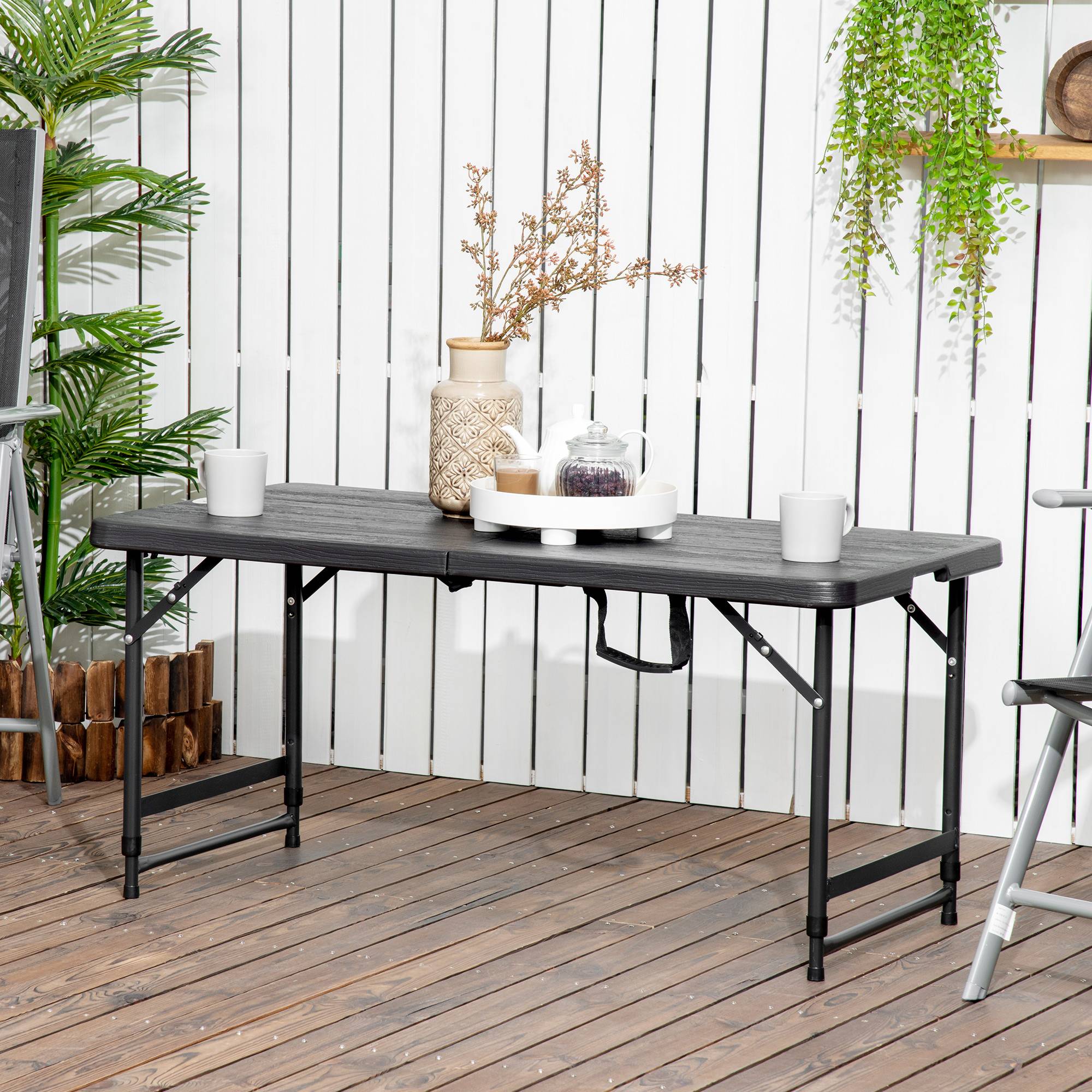 Table pliante extérieur acier HDPE camping hauteur réglable 118x60cm gris foncé - ComfortXL Outdoor Living - Image 4