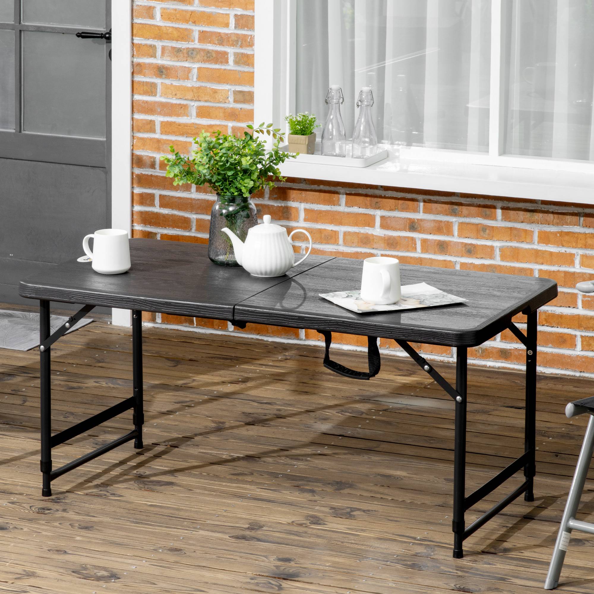 Table pliante extérieur acier HDPE camping hauteur réglable 118x60cm gris foncé - ComfortXL Outdoor Living - Image 3