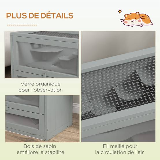 Cage pour rongeurs bois de sapin gris 60 x 35 x 42 cm - PANGIVO - Image 8