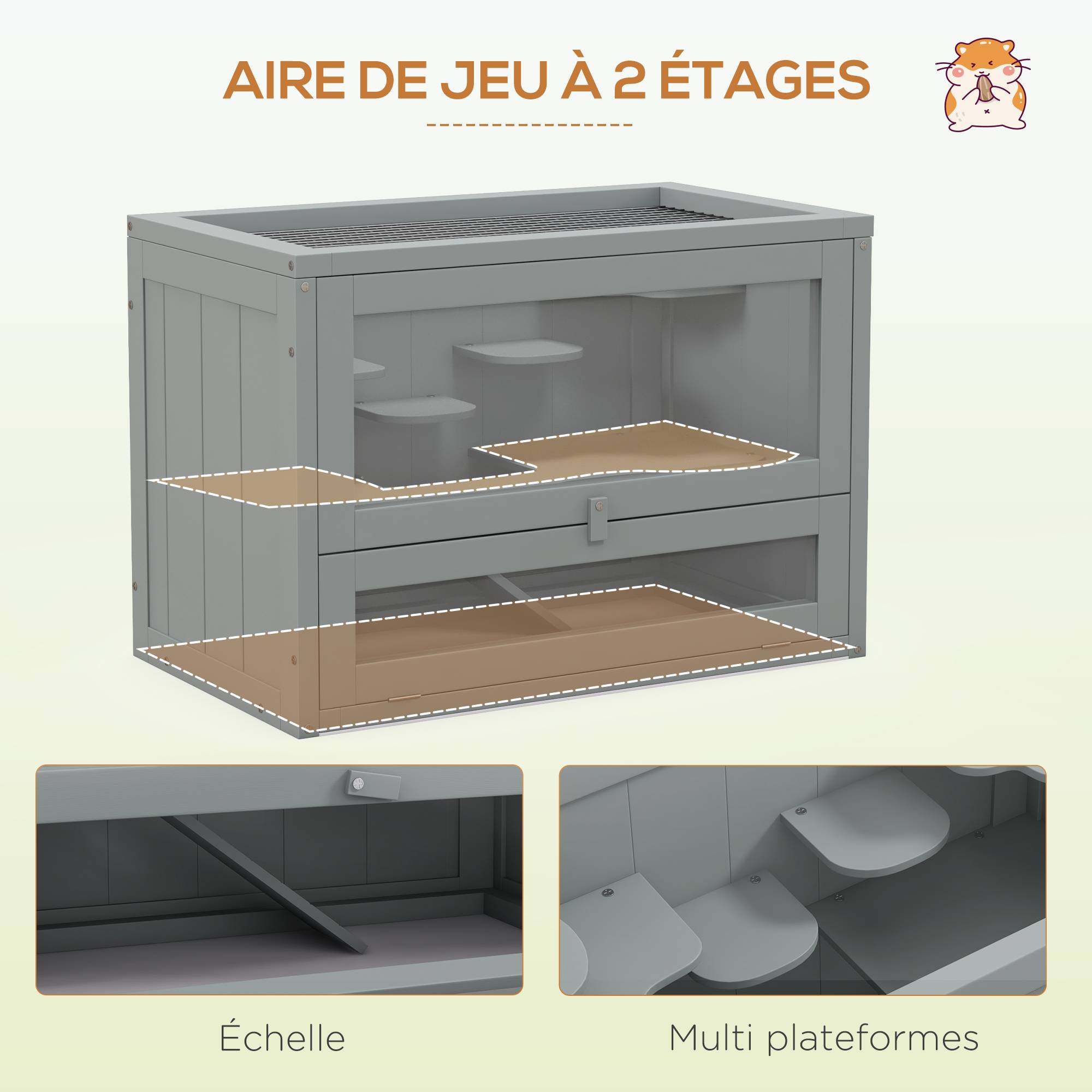 Cage pour rongeurs bois de sapin gris 60 x 35 x 42 cm - PANGIVO - Image 6
