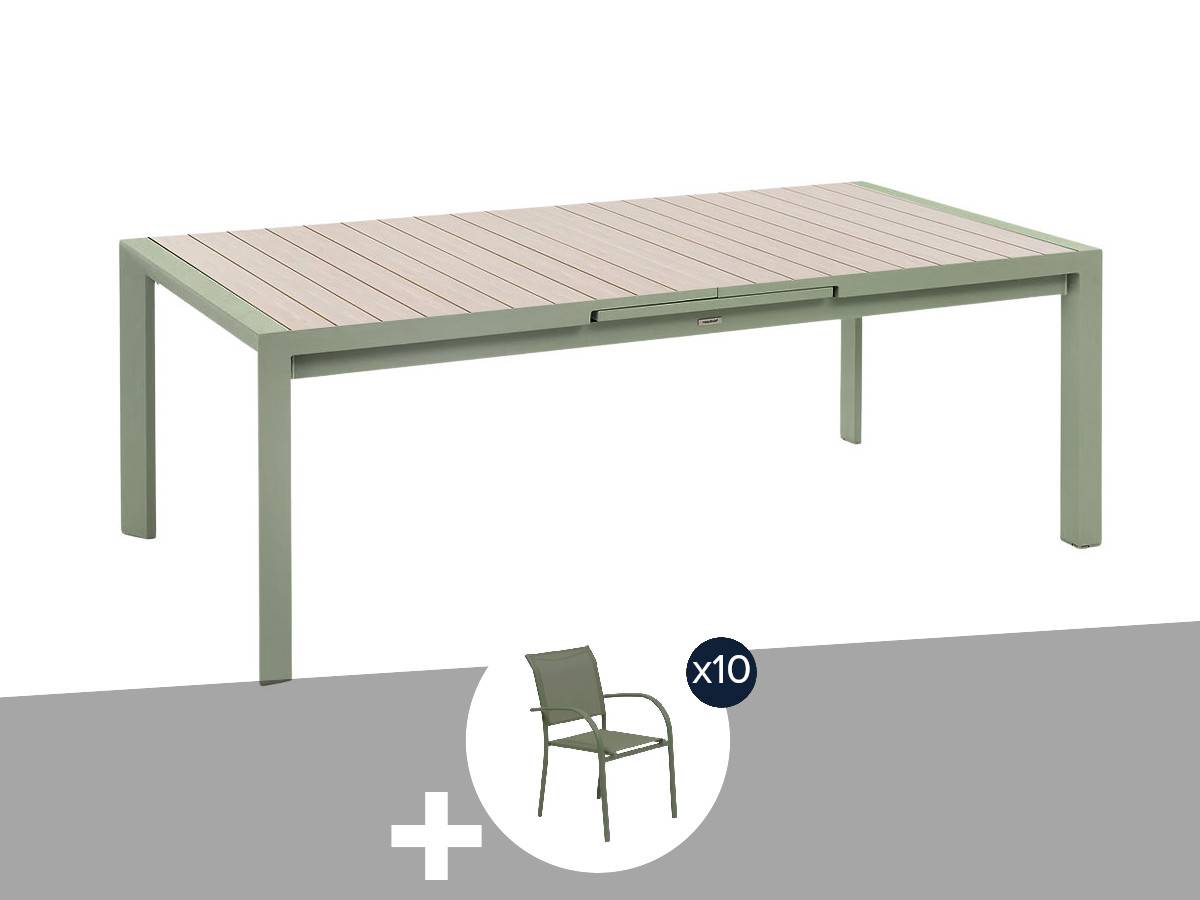 Hesperide - Table de jardin rectangulaire extensible en aluminium Evasion Lin/Vert Laurier Graphite 8/10 places + 10 fauteuils Piazza - Hespéride - Image 1
