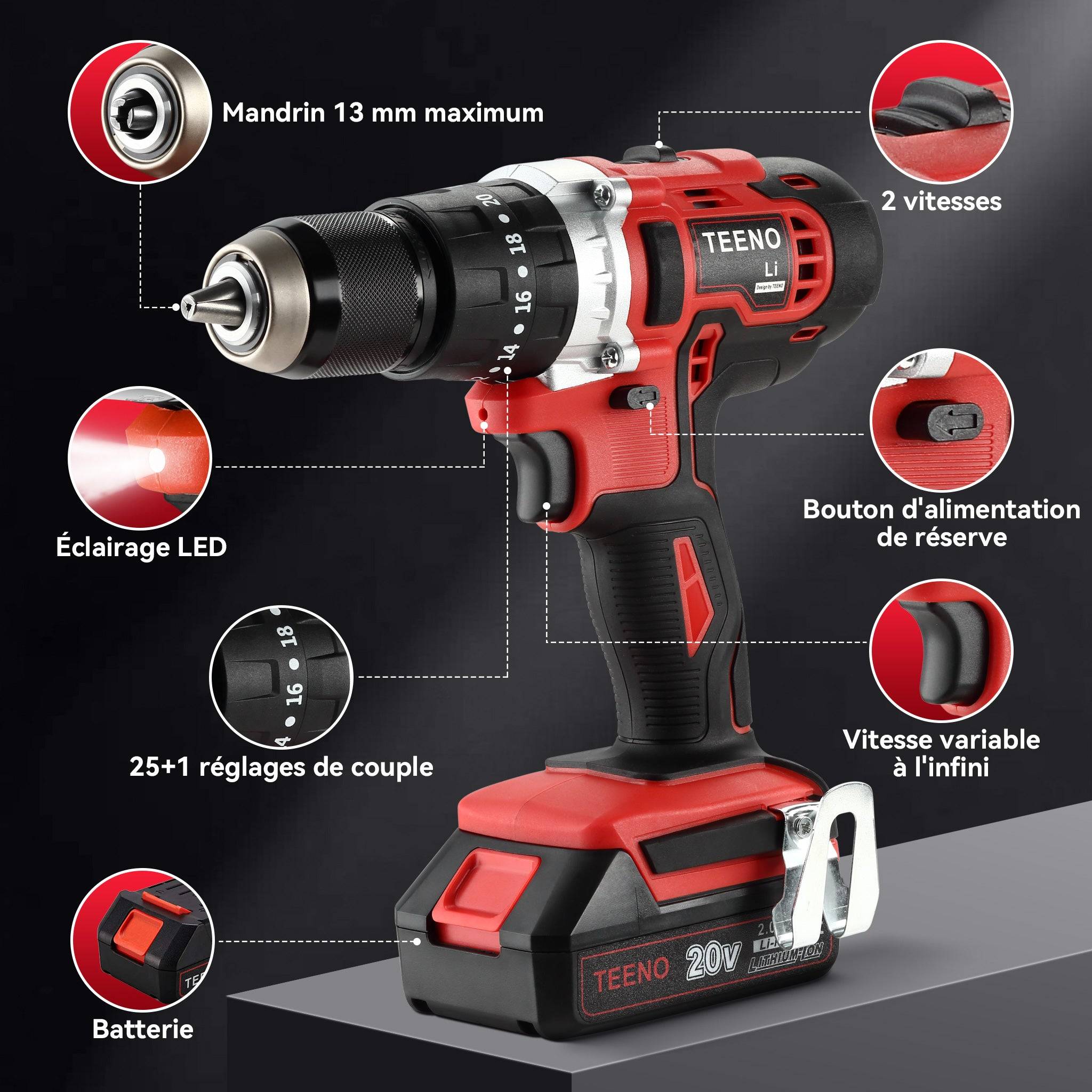 Perceuse Visseus 20V, 2 x 2.0Ah Batteries,45Nm, 69 Accessoires - Image 6
