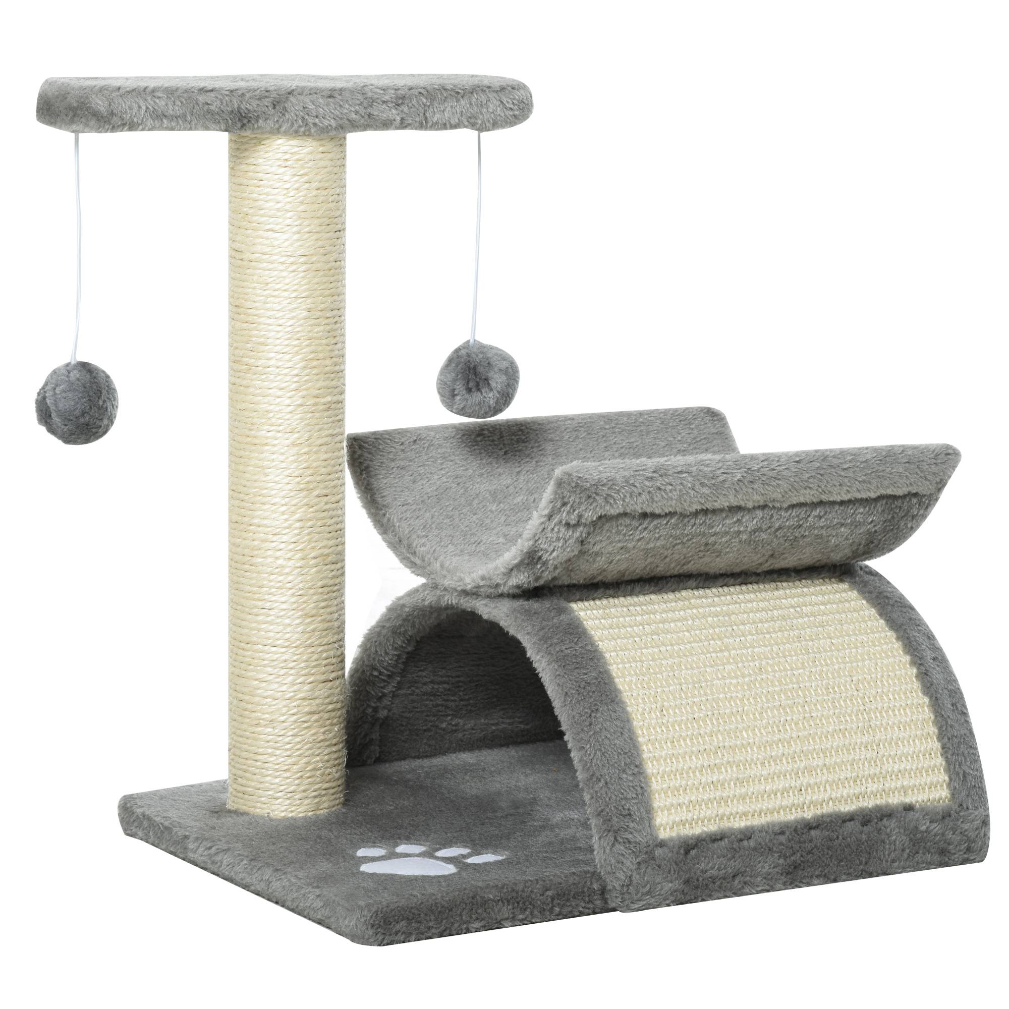 Arbre à chat PawHut 43 cm, tunnel, plateforme repos en U, griffoir, planche, balle jouet, gris clair - Image 1