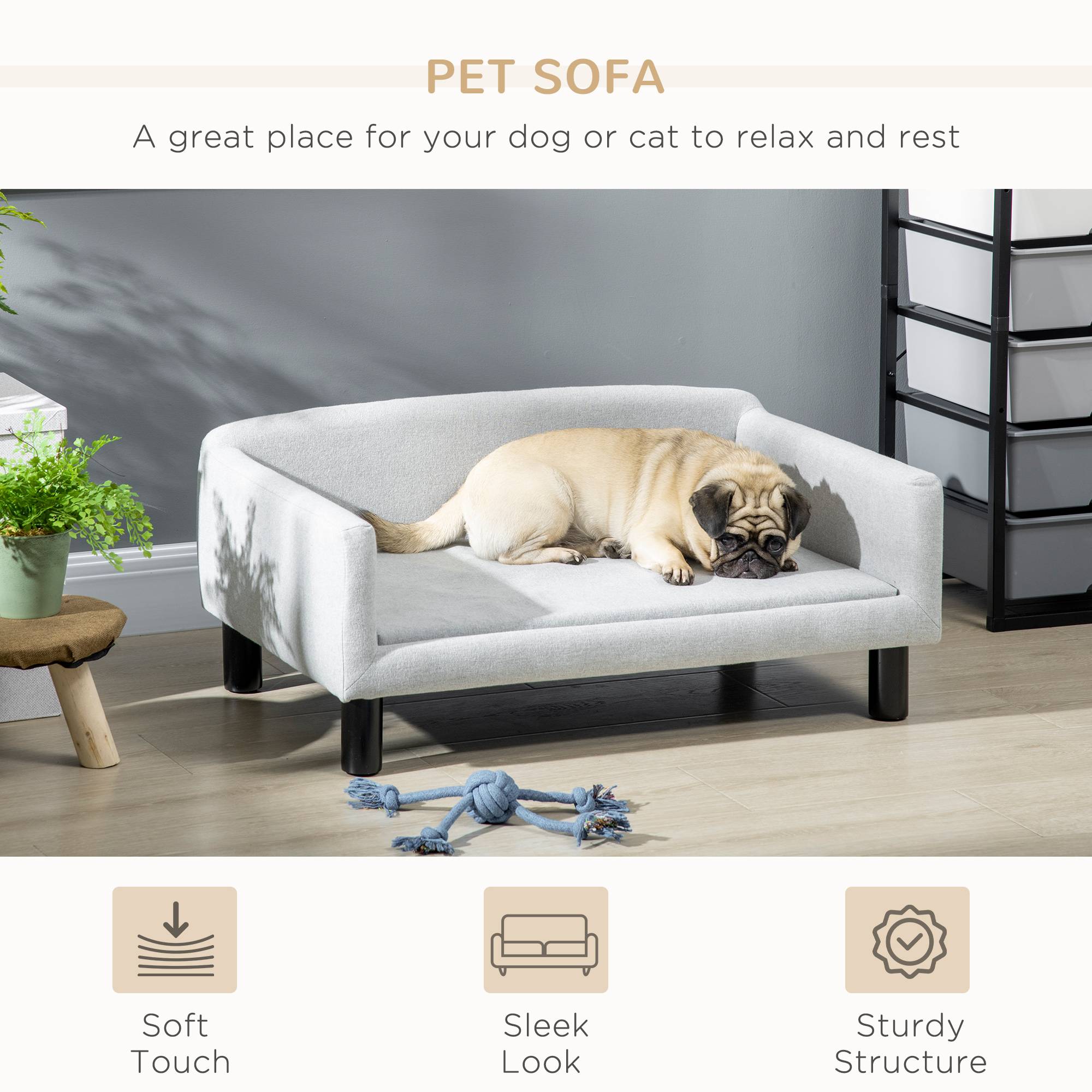 Sans Marque - Canapé chien PawHut lit chien velours dossier pieds bois chiens taille moyenne 82x54x36 cm gris clair - Image 4