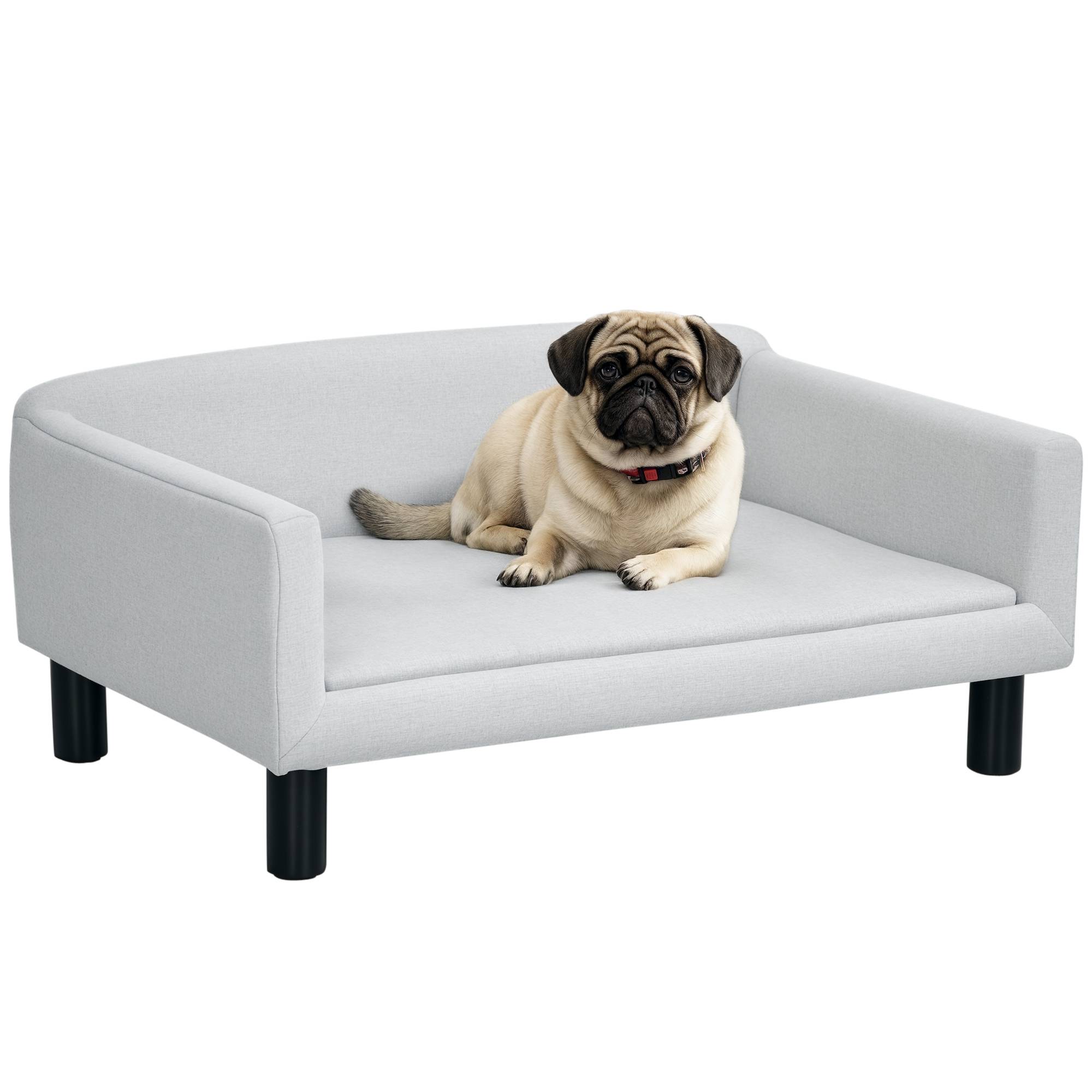 Sans Marque - Canapé chien PawHut lit chien velours dossier pieds bois chiens taille moyenne 82x54x36 cm gris clair - Image 2