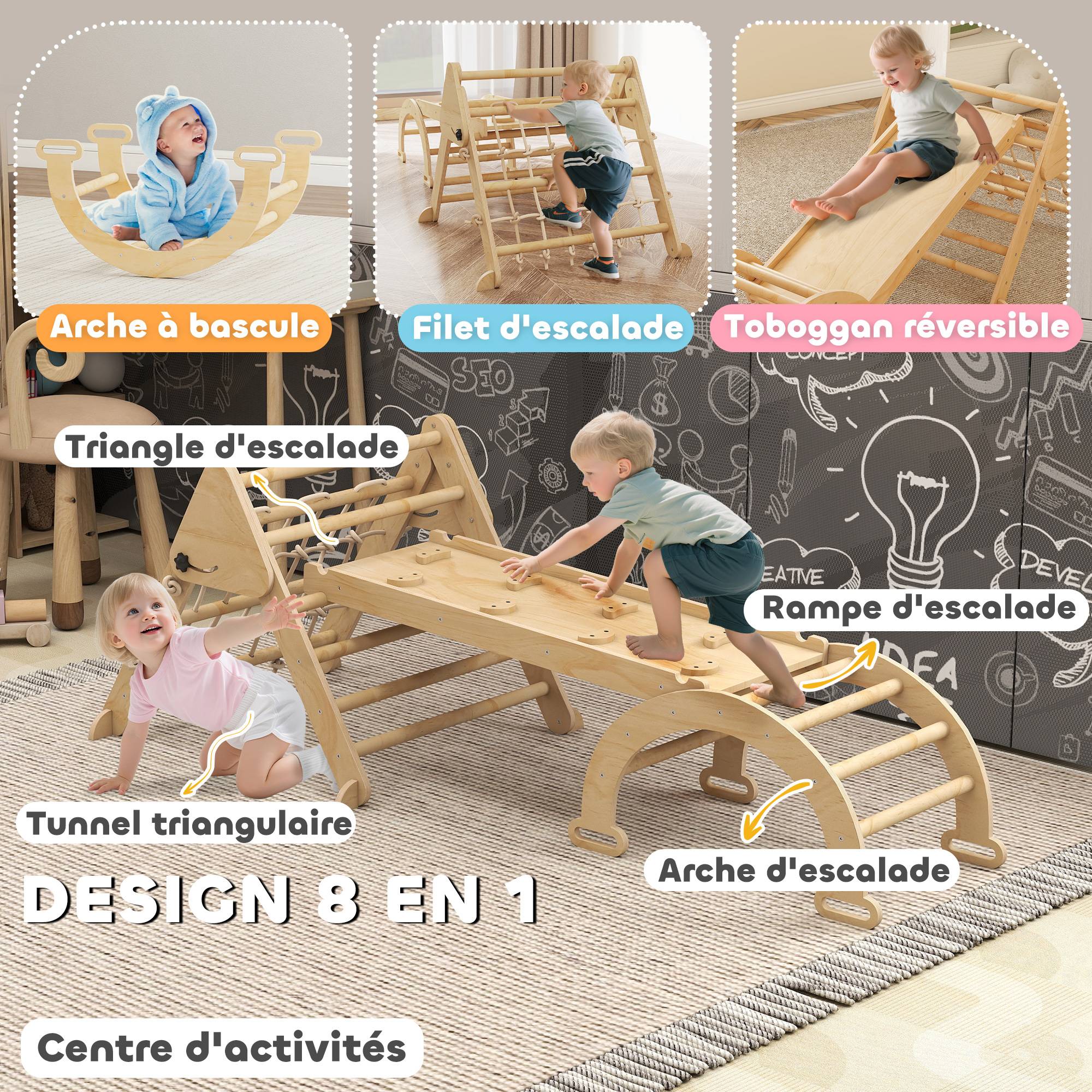 Triangle d'escalade enfants 8 en 1 avec rampe double face, arc d'escalade en bois avec toboggan & échelle, naturel - Image 6
