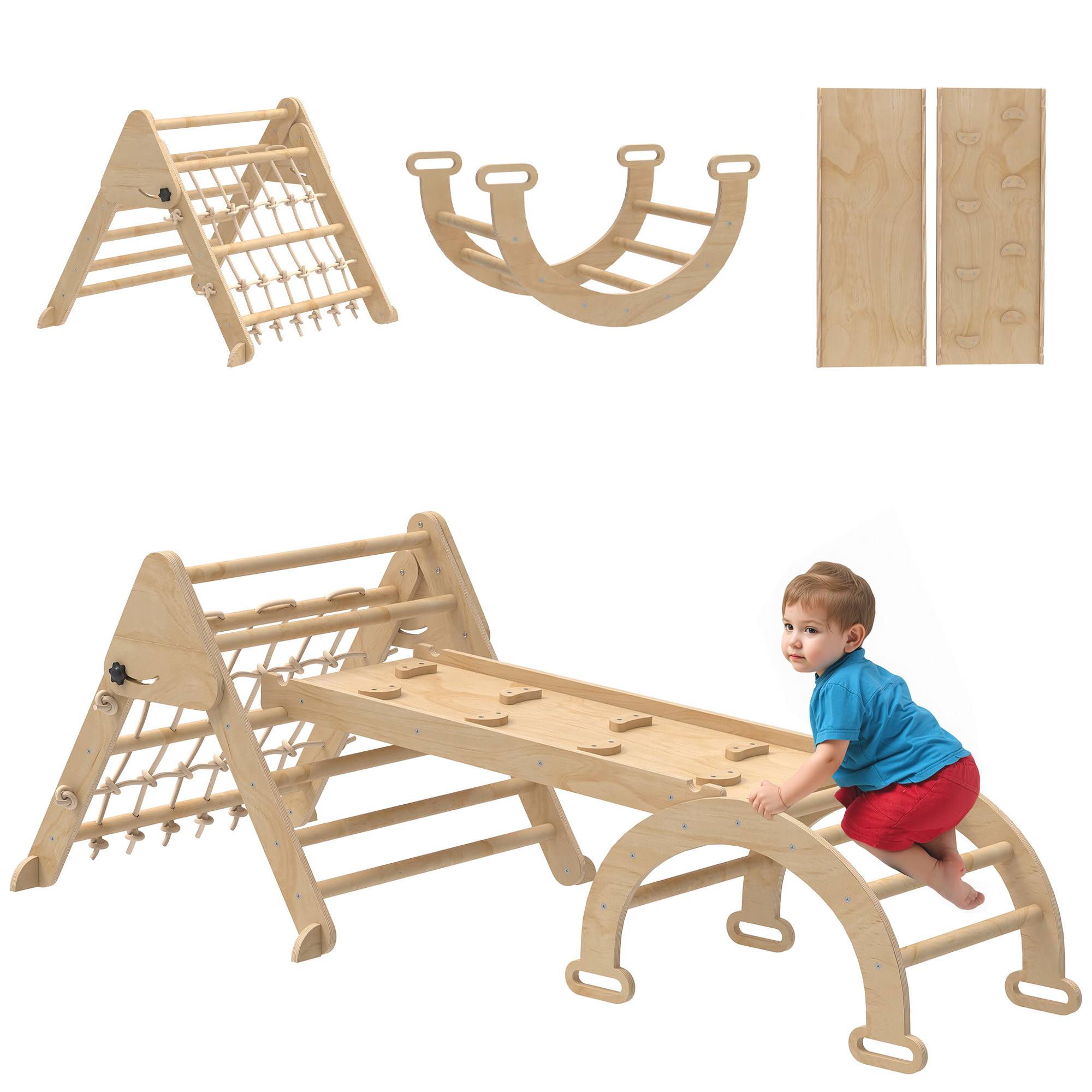 Triangle d'escalade enfants 8 en 1 avec rampe double face, arc d'escalade en bois avec toboggan & échelle, naturel - Image 1