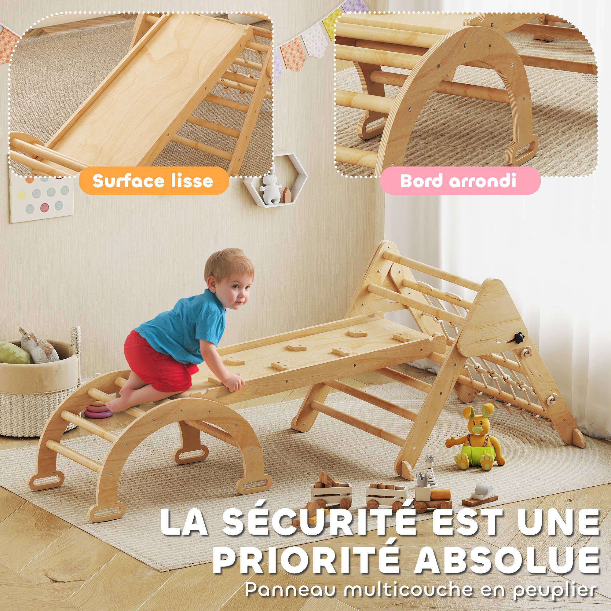 Triangle d'escalade enfants 8 en 1 avec rampe double face, arc d'escalade en bois avec toboggan & échelle, naturel - Image 7