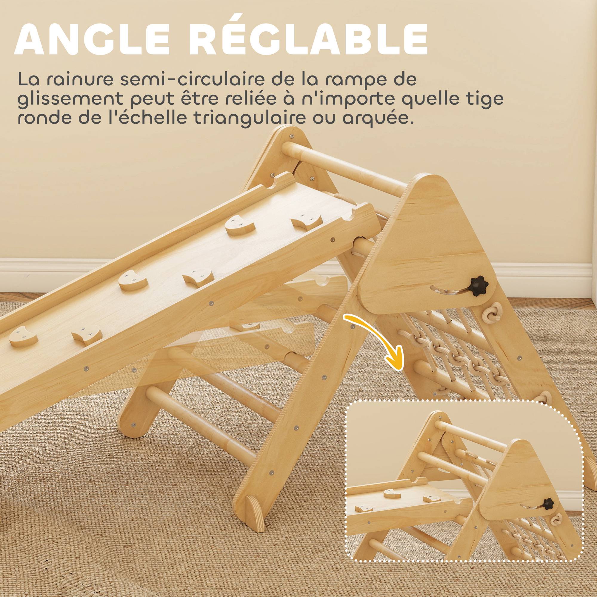 Triangle d'escalade enfants 8 en 1 avec rampe double face, arc d'escalade en bois avec toboggan & échelle, naturel - Image 8