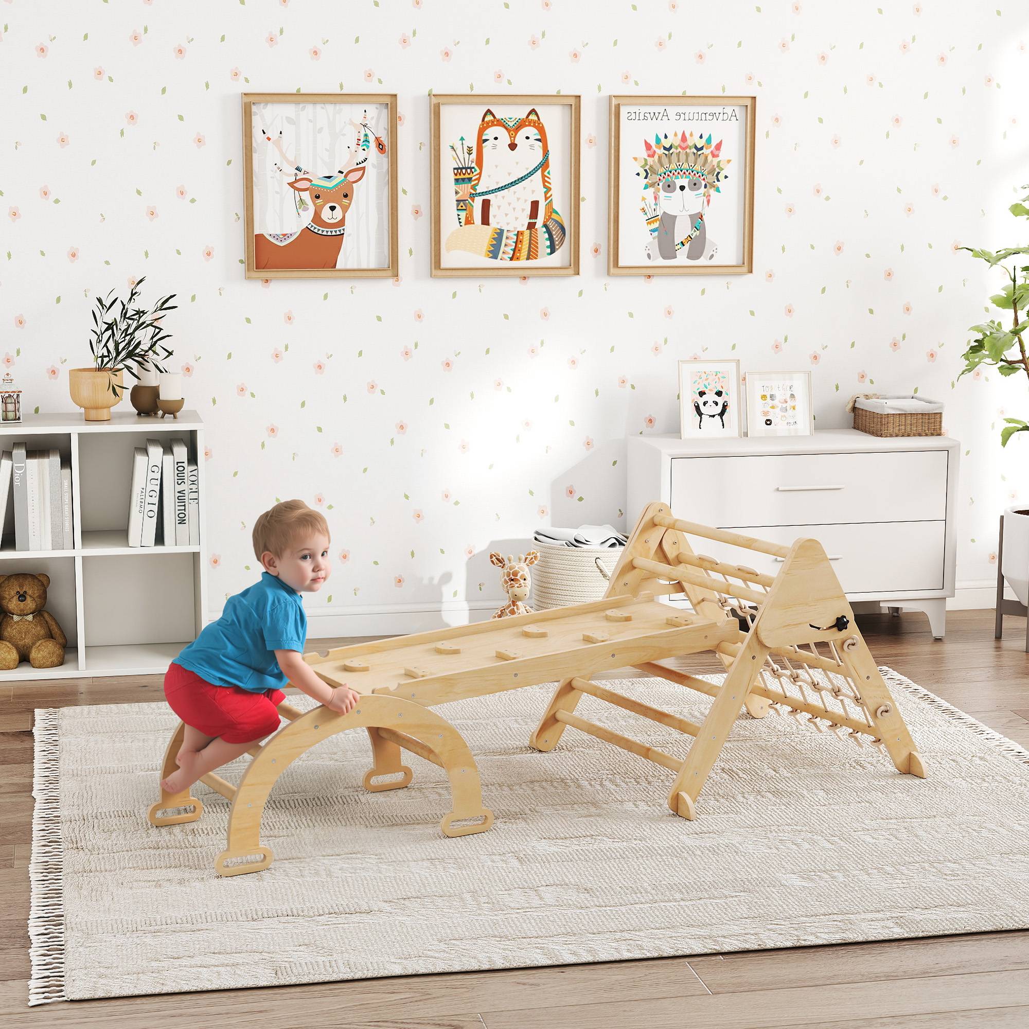 Triangle d'escalade enfants 8 en 1 avec rampe double face, arc d'escalade en bois avec toboggan & échelle, naturel - Image 3