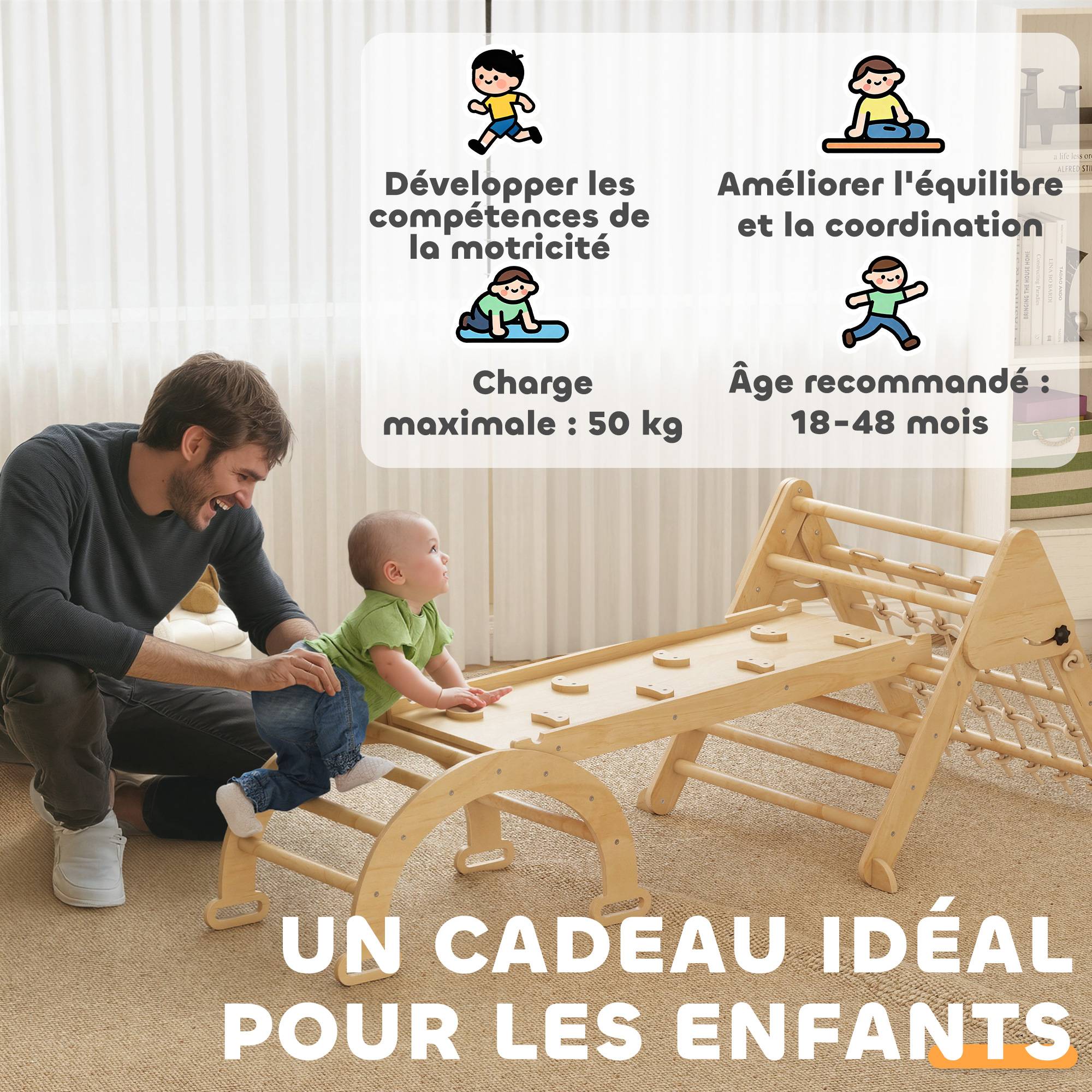 Triangle d'escalade enfants 8 en 1 avec rampe double face, arc d'escalade en bois avec toboggan & échelle, naturel - Image 10