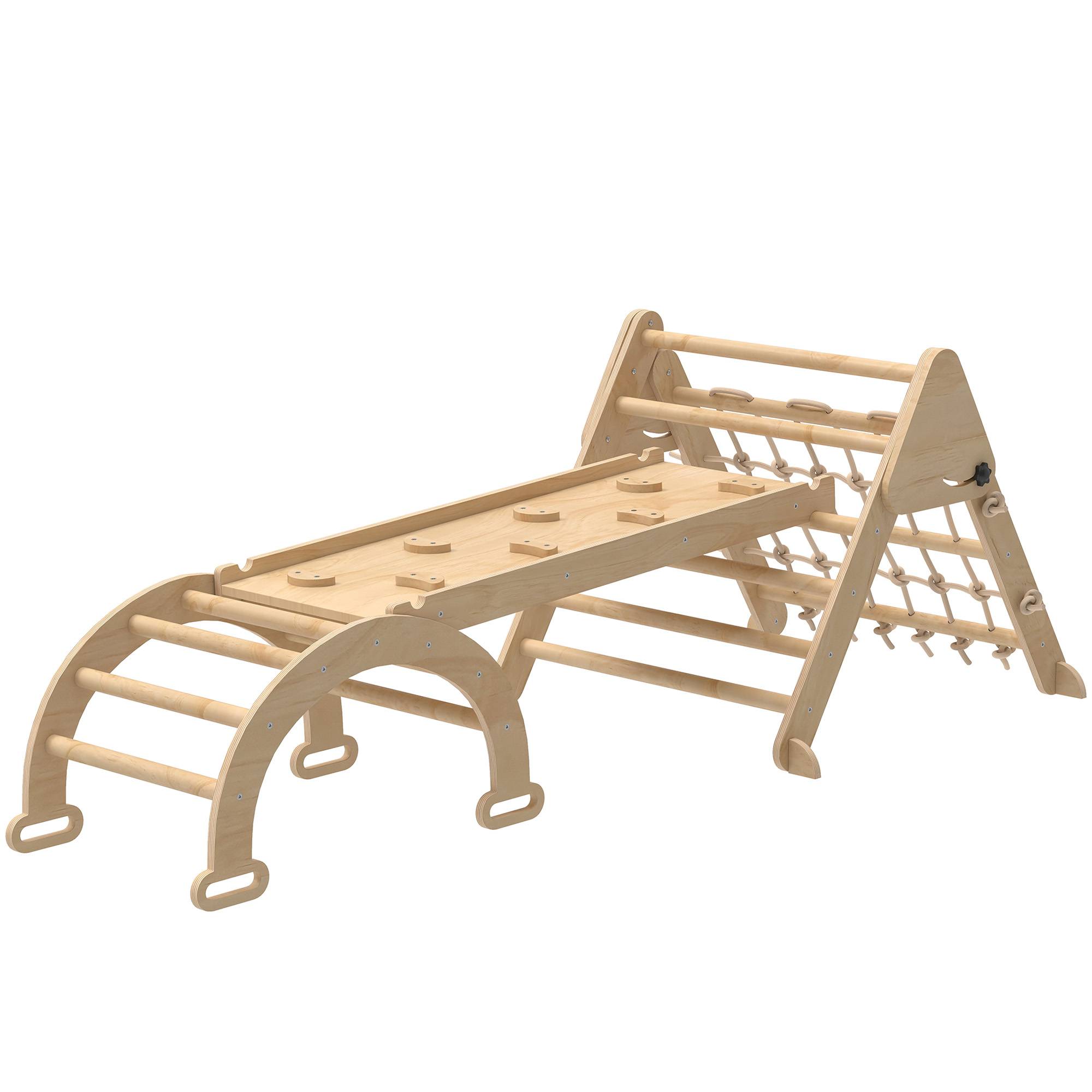 Triangle d'escalade enfants 8 en 1 avec rampe double face, arc d'escalade en bois avec toboggan & échelle, naturel - Image 2