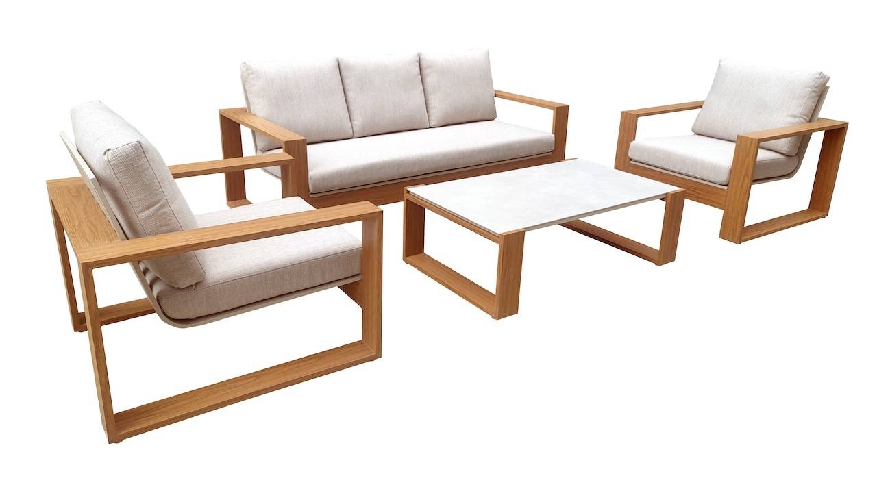 Proloisirs - Salon de jardin 4 pièces en aluminium avec coussins – LASER – Coloris chêne et crème