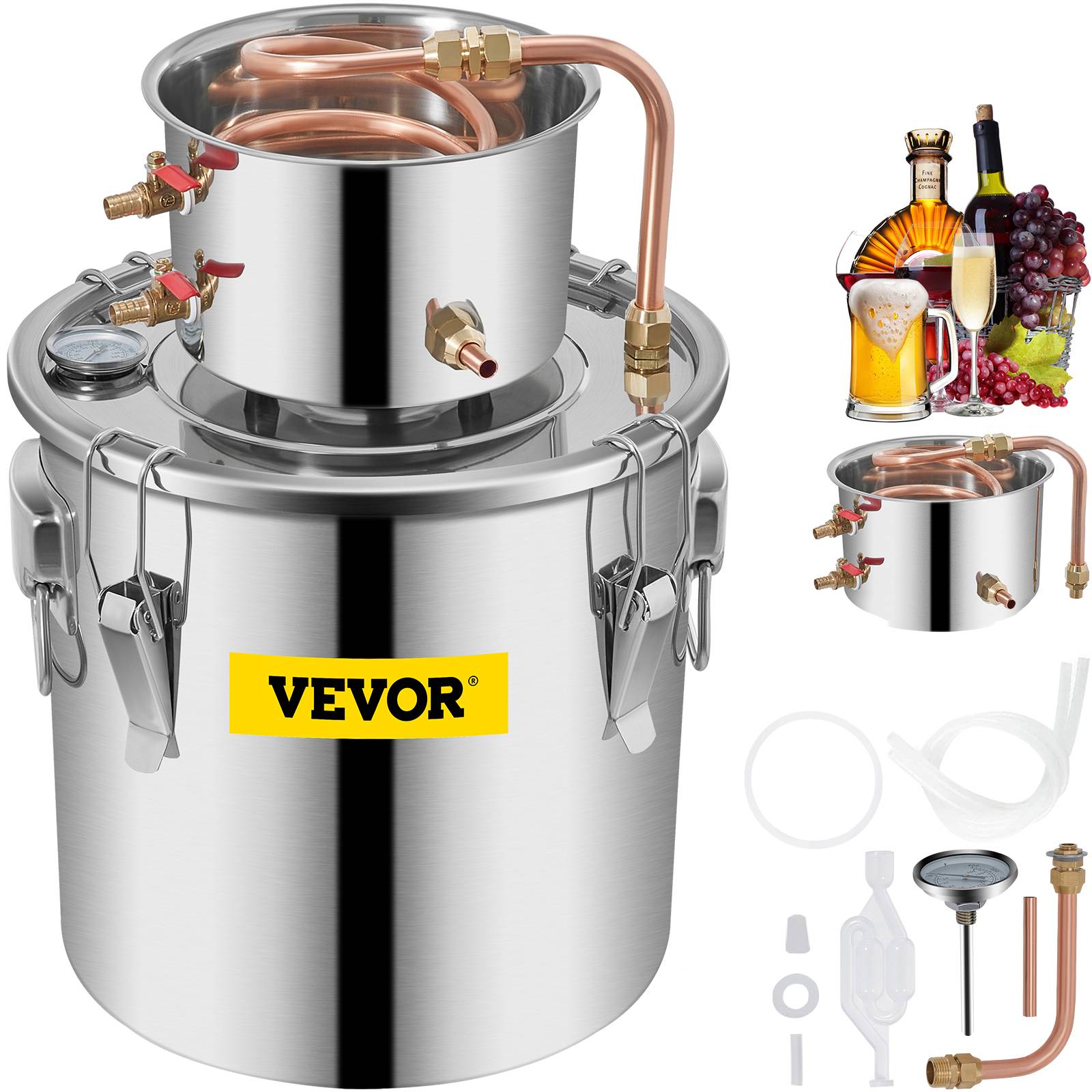 VEVOR Distillateur alambic 11.4L inox, avec pompe, pour alcool, eau, whisky, brandy, huiles essentielles. - Image 1