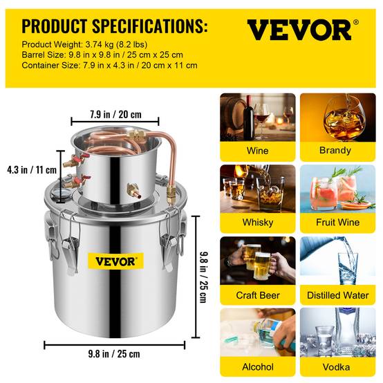 VEVOR Distillateur alambic 11.4L inox, avec pompe, pour alcool, eau, whisky, brandy, huiles essentielles. - Image 7