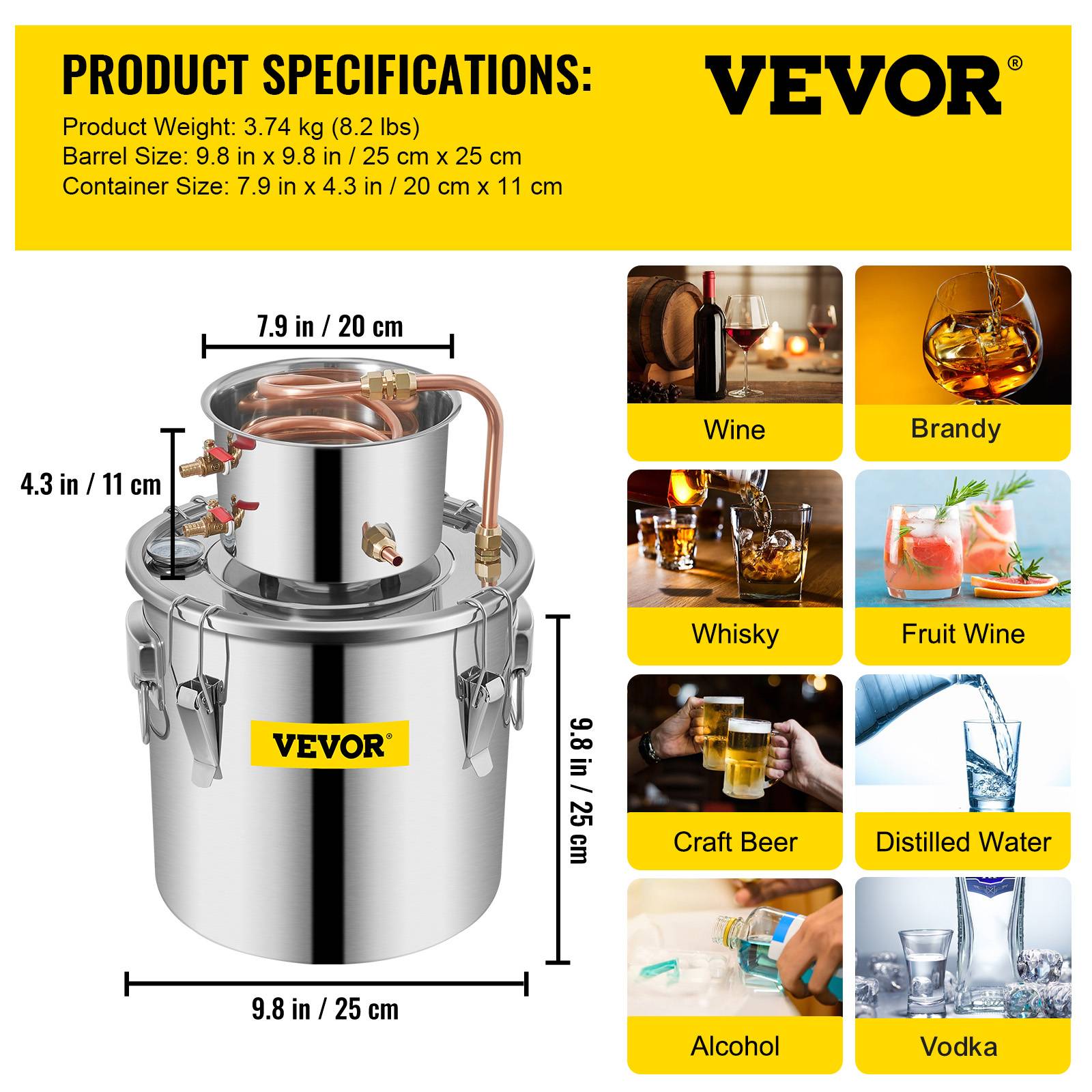 VEVOR Distillateur alambic 11.4L inox, avec pompe, pour alcool, eau, whisky, brandy, huiles essentielles. - Image 7