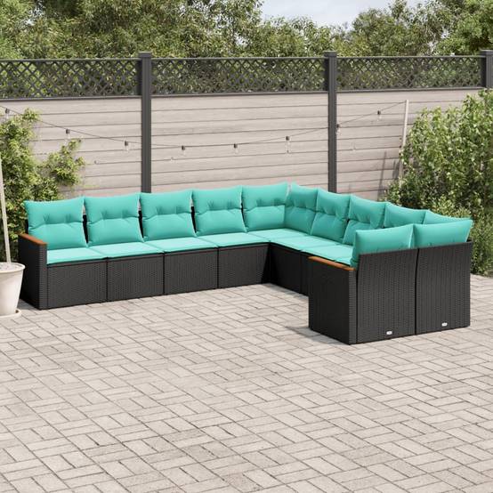 Salon de jardin en poly rotin 10 places modulable avec rangement intégré Noir et coussins Bleus – ComfortXL Outdoor Living - Image 1