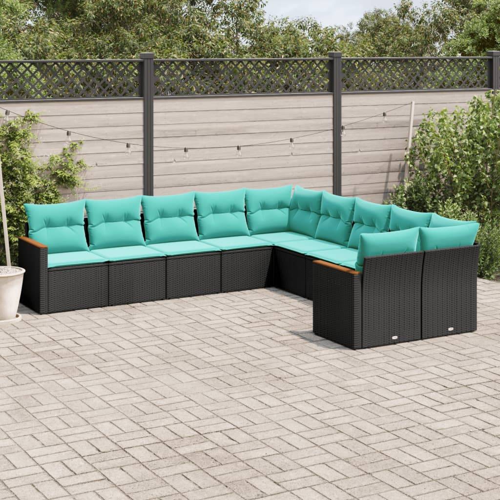 Salon de jardin en poly rotin 10 places modulable avec rangement intégré Noir et coussins Bleus – ComfortXL Outdoor Living - Image 1