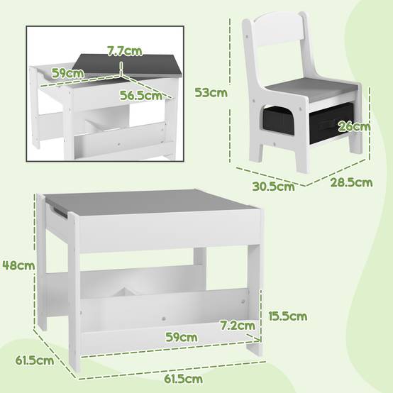 Petite table enfant et 2 chaises, plateau 3-en-1 ardoise et rangements, gris - Image 5