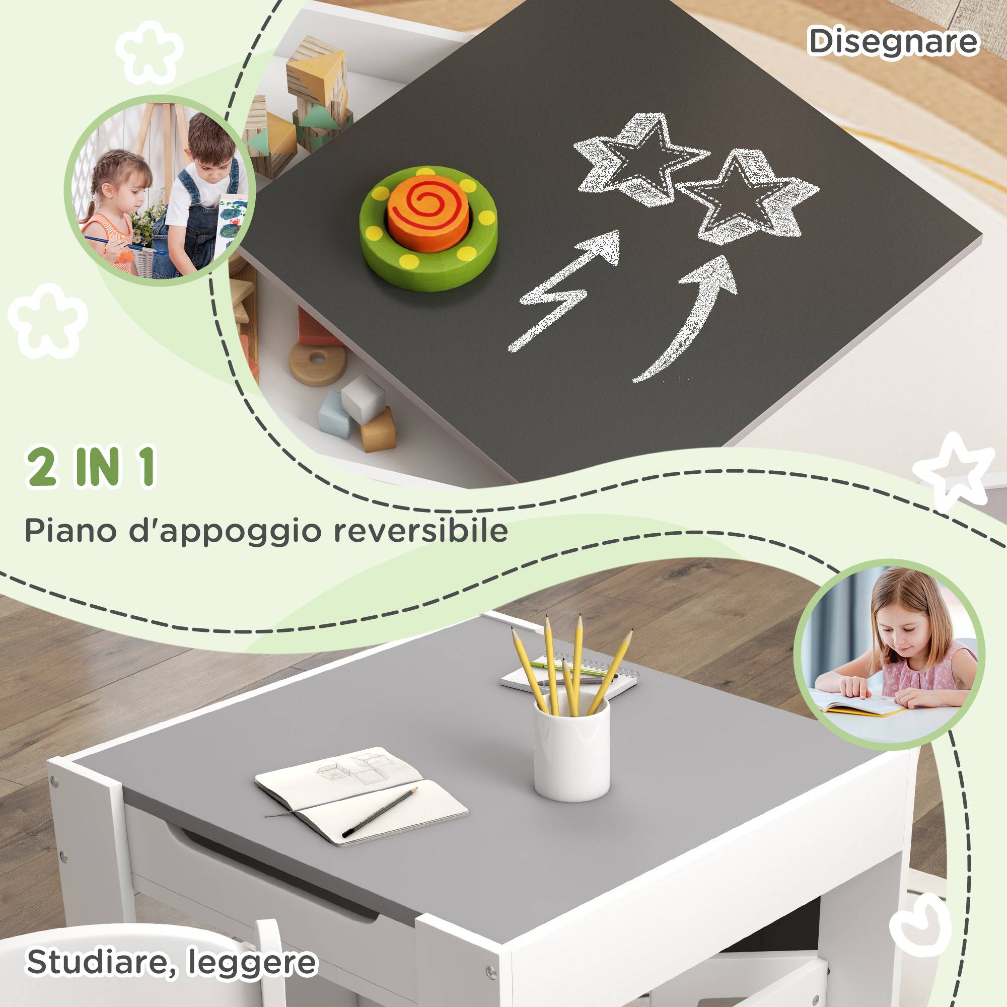 Petite table enfant et 2 chaises, plateau 3-en-1 ardoise et rangements, gris - Image 6
