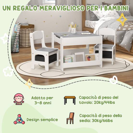 Petite table enfant et 2 chaises, plateau 3-en-1 ardoise et rangements, gris - Image 7