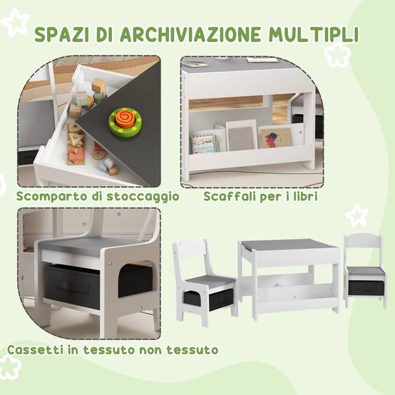 Petite table enfant et 2 chaises, plateau 3-en-1 ardoise et rangements, gris - Image 8