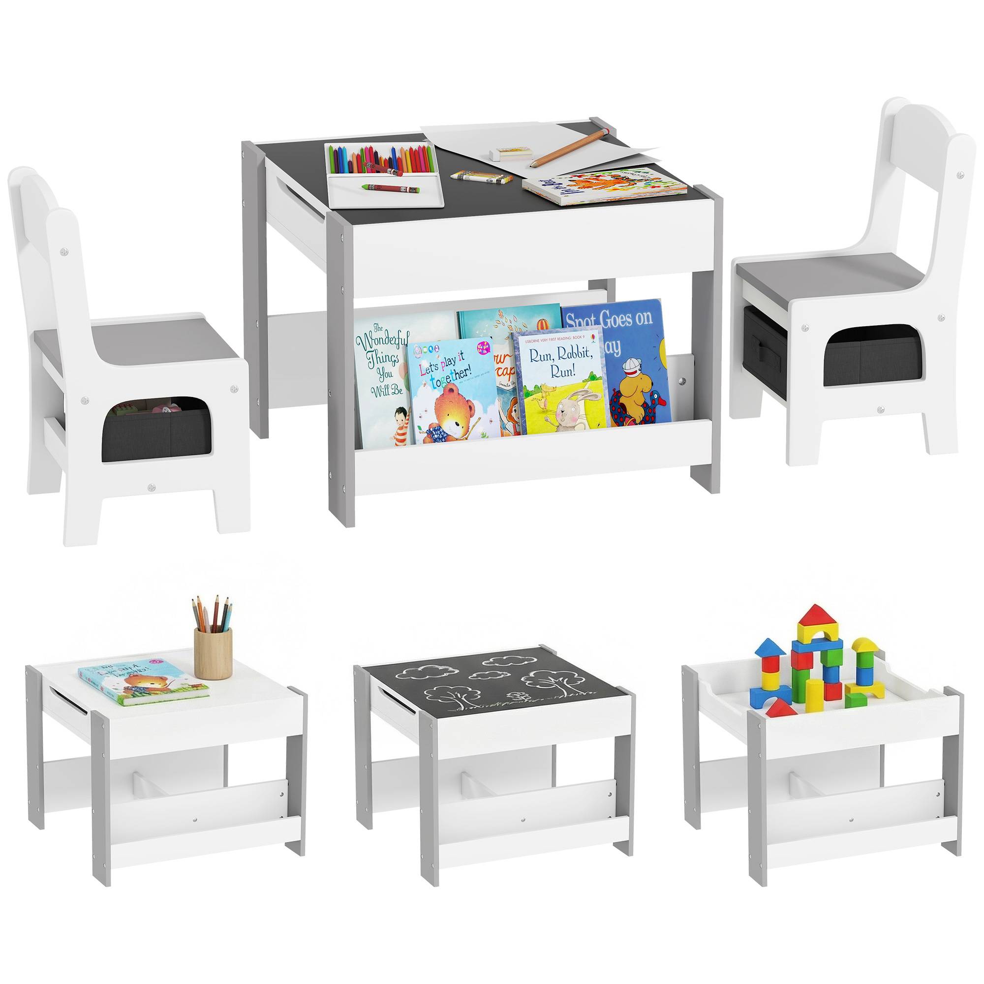 Petite table enfant et 2 chaises, plateau 3-en-1 ardoise et rangements, gris - Image 1