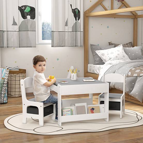 Petite table enfant et 2 chaises, plateau 3-en-1 ardoise et rangements, gris - Image 3