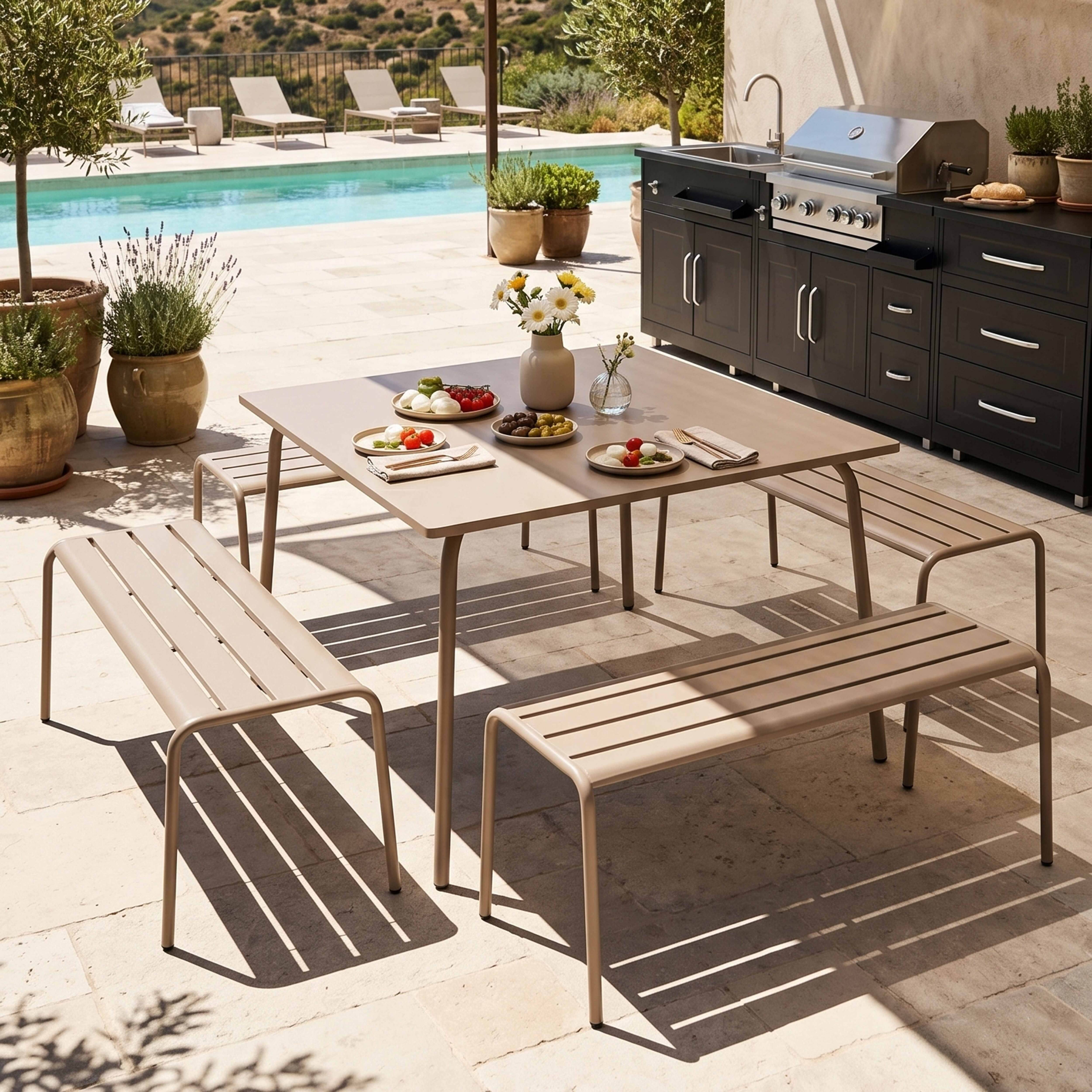 Oviala - Ensemble table de jardin carrée et 4 bancs en métal taupe Palavas - Oviala - Imagen 2