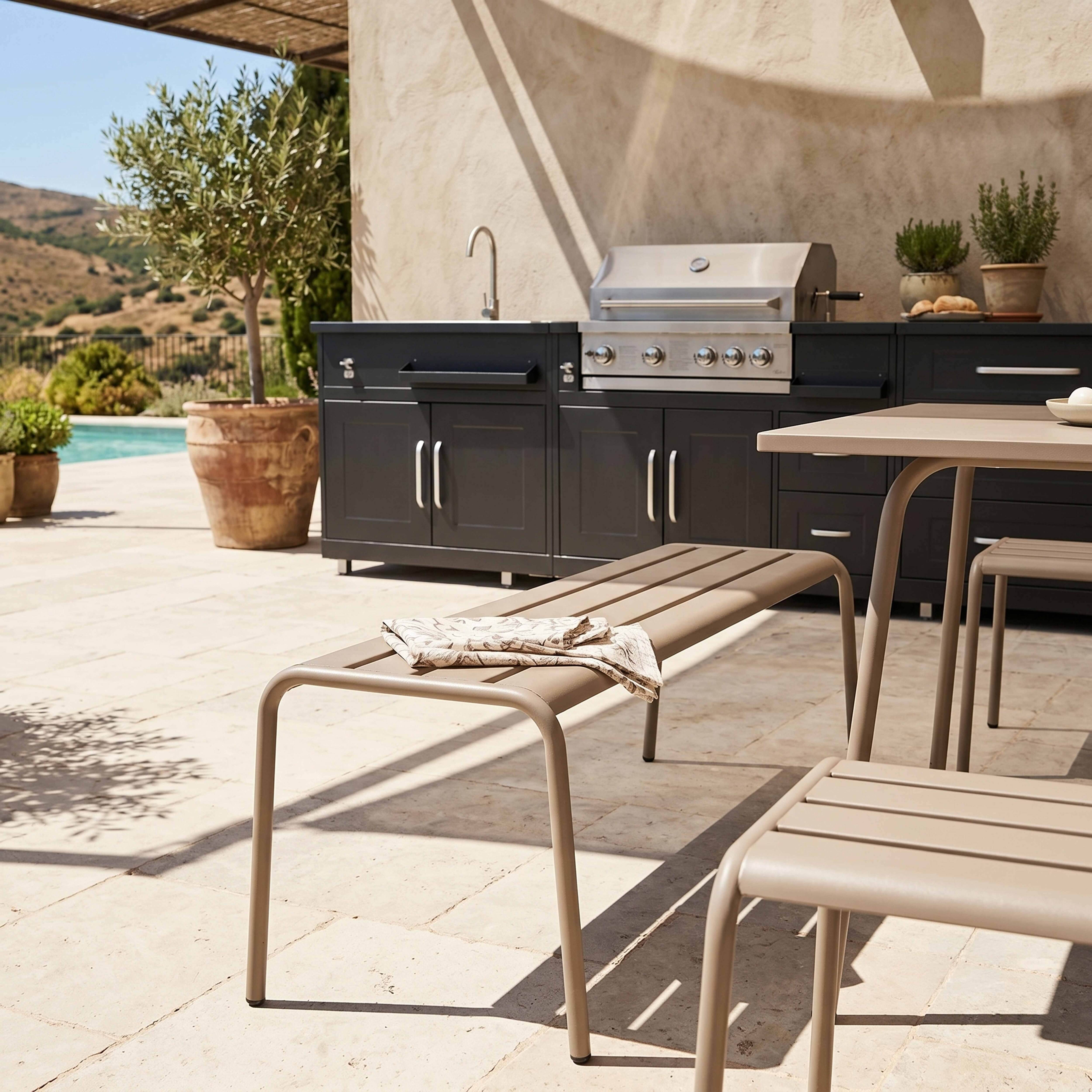 Oviala - Ensemble table de jardin carrée et 4 bancs en métal taupe Palavas - Oviala - Imagen 4