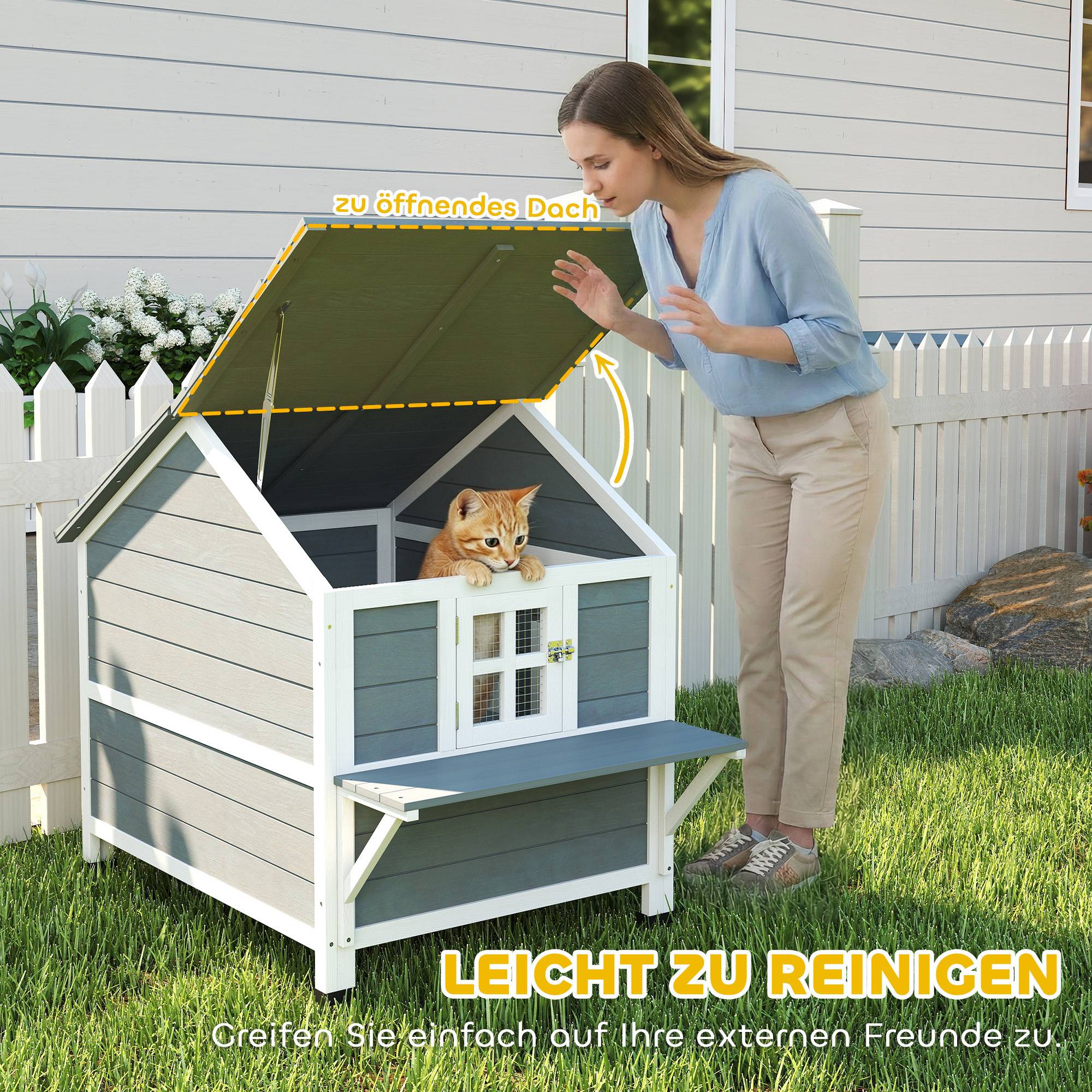 Maison chat bois 2 étages niche toit rabattable étanche plateforme latérale 101x72,5x81 cm gris - Image 8