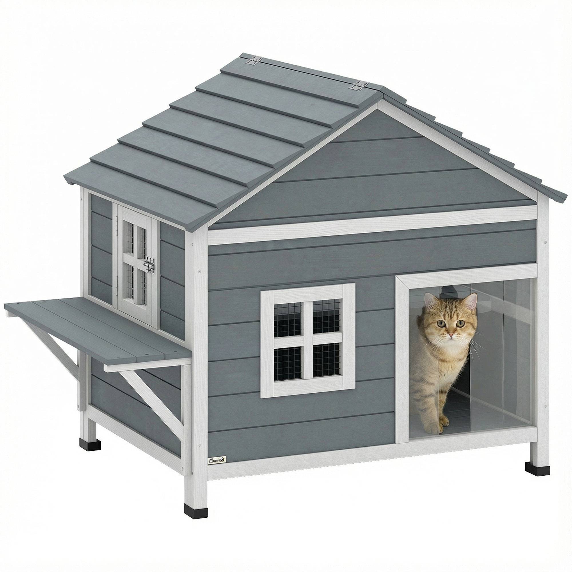 Maison chat bois 2 étages niche toit rabattable étanche plateforme latérale 101x72,5x81 cm gris - Image 1