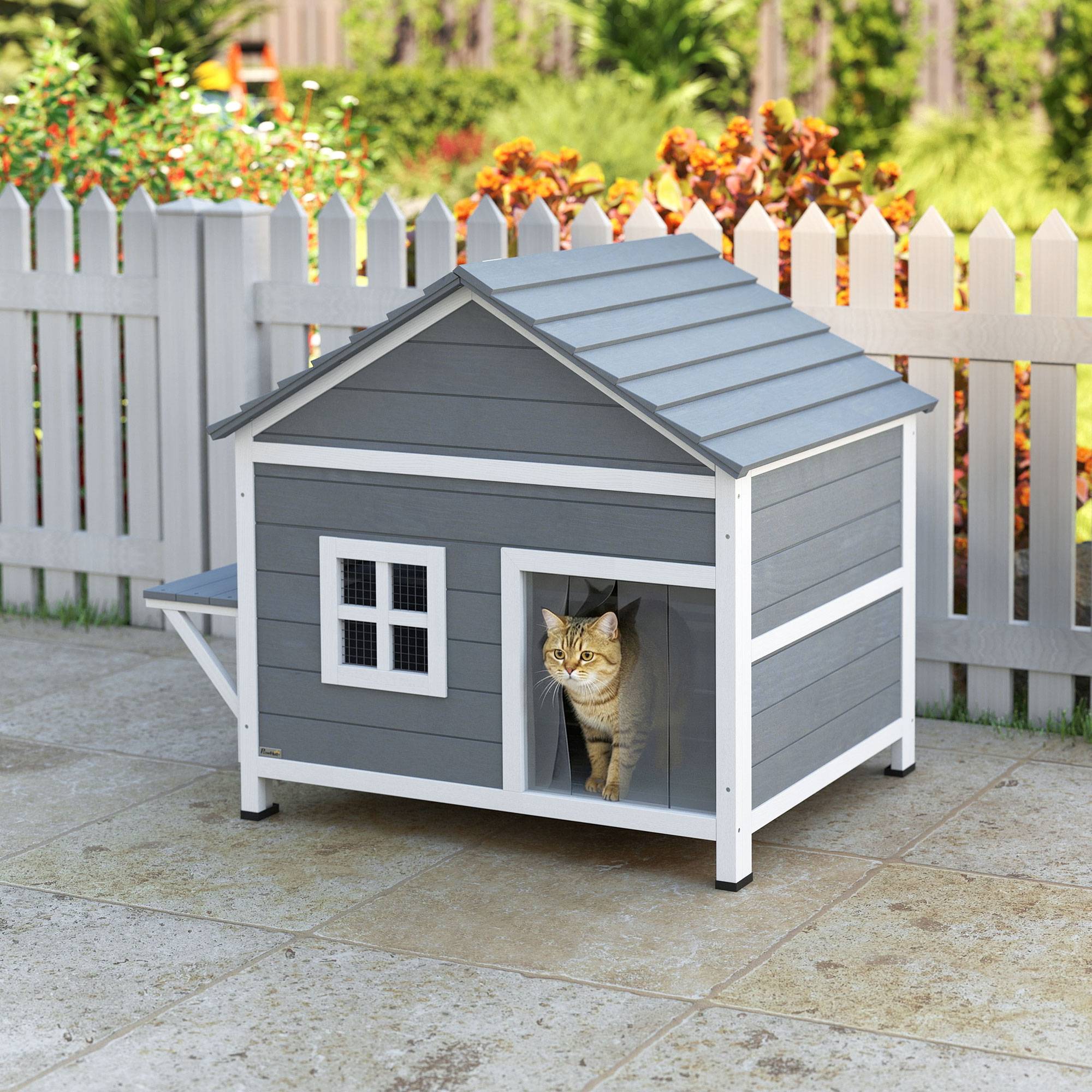 Maison chat bois 2 étages niche toit rabattable étanche plateforme latérale 101x72,5x81 cm gris - Image 4