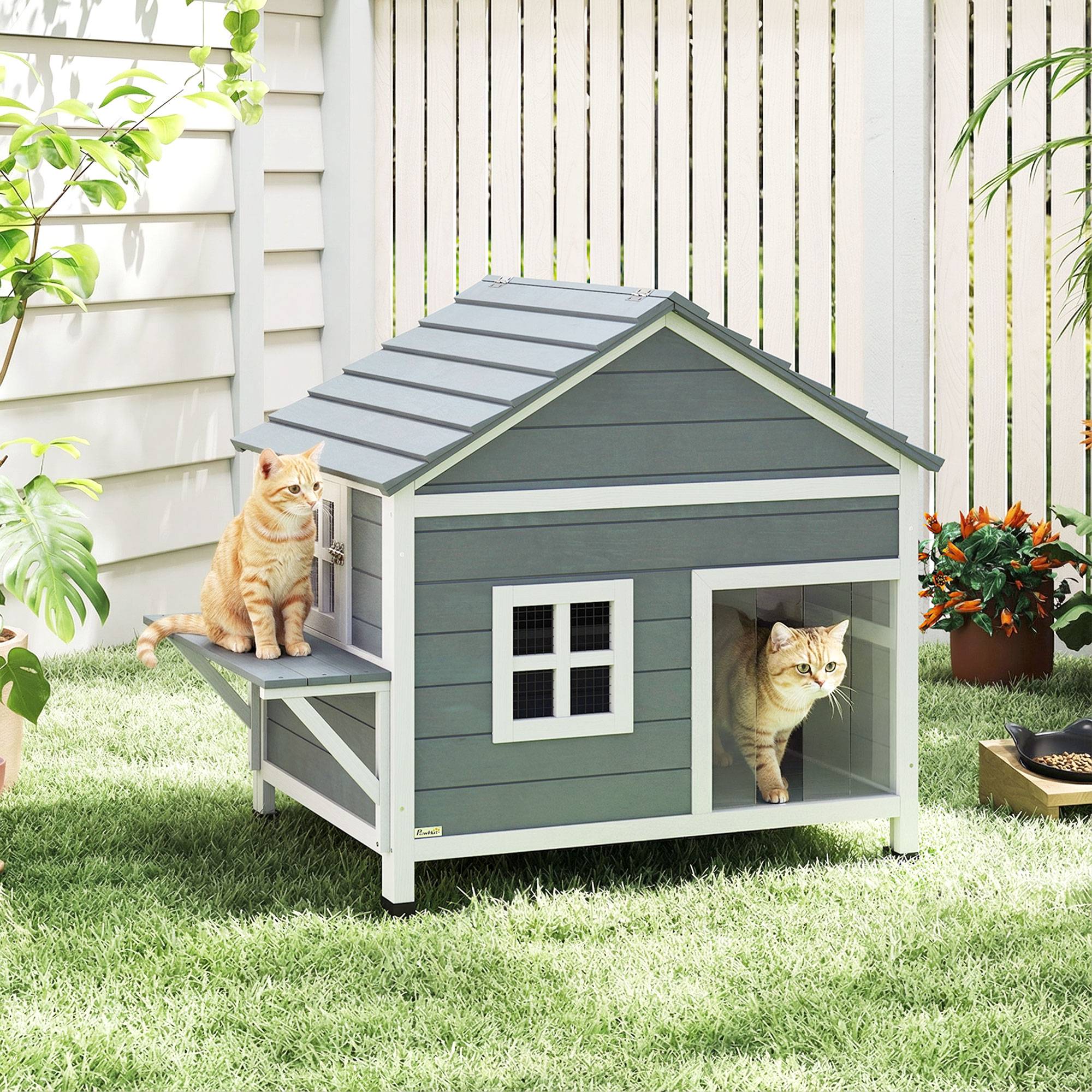 Maison chat bois 2 étages niche toit rabattable étanche plateforme latérale 101x72,5x81 cm gris - Image 3