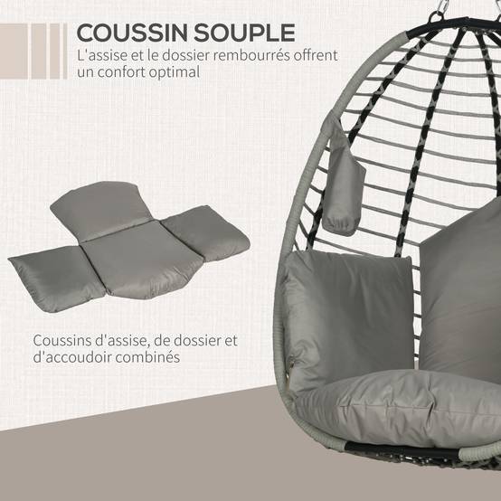 Fauteuil œuf suspendu acier intérieur extérieur pliable 110x100x188cm gris - ComfortXL Outdoor Living - Image 8