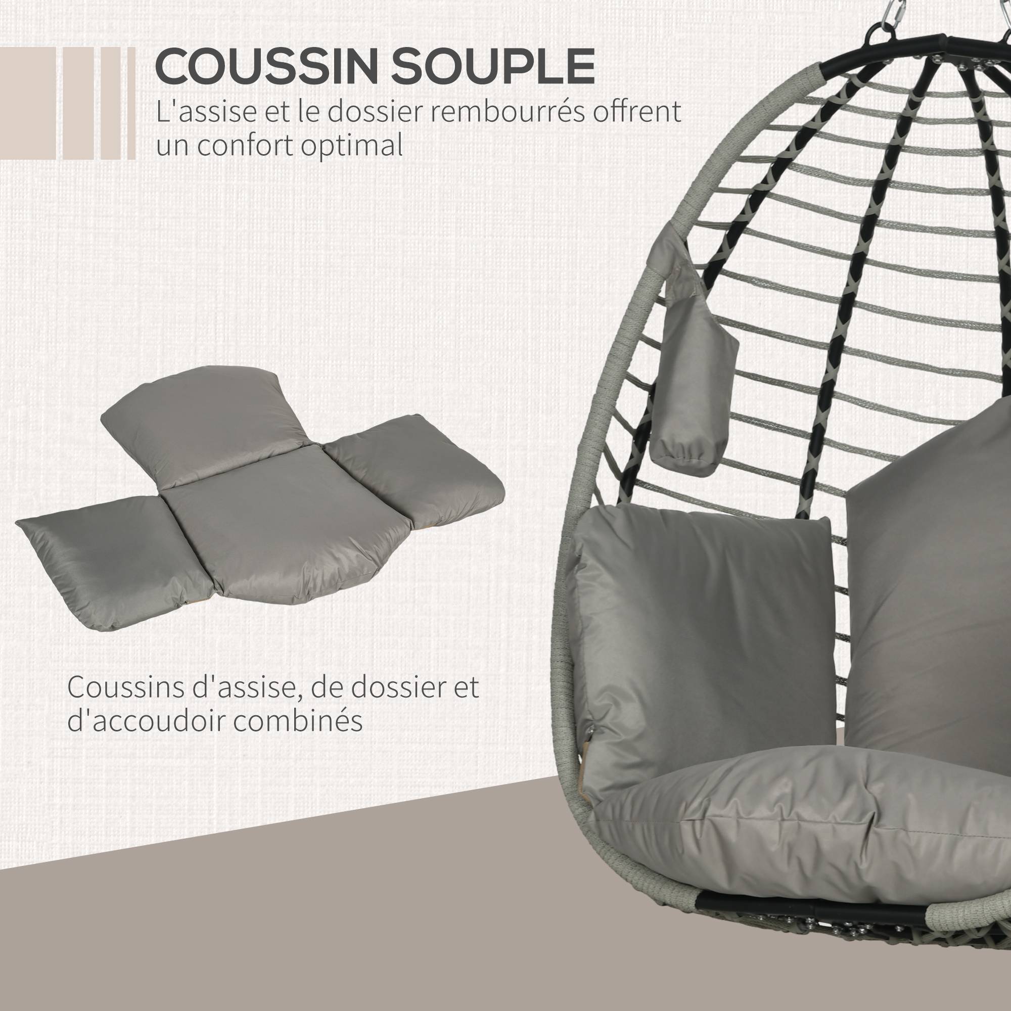 Fauteuil œuf suspendu acier intérieur extérieur pliable 110x100x188cm gris - ComfortXL Outdoor Living - Image 8