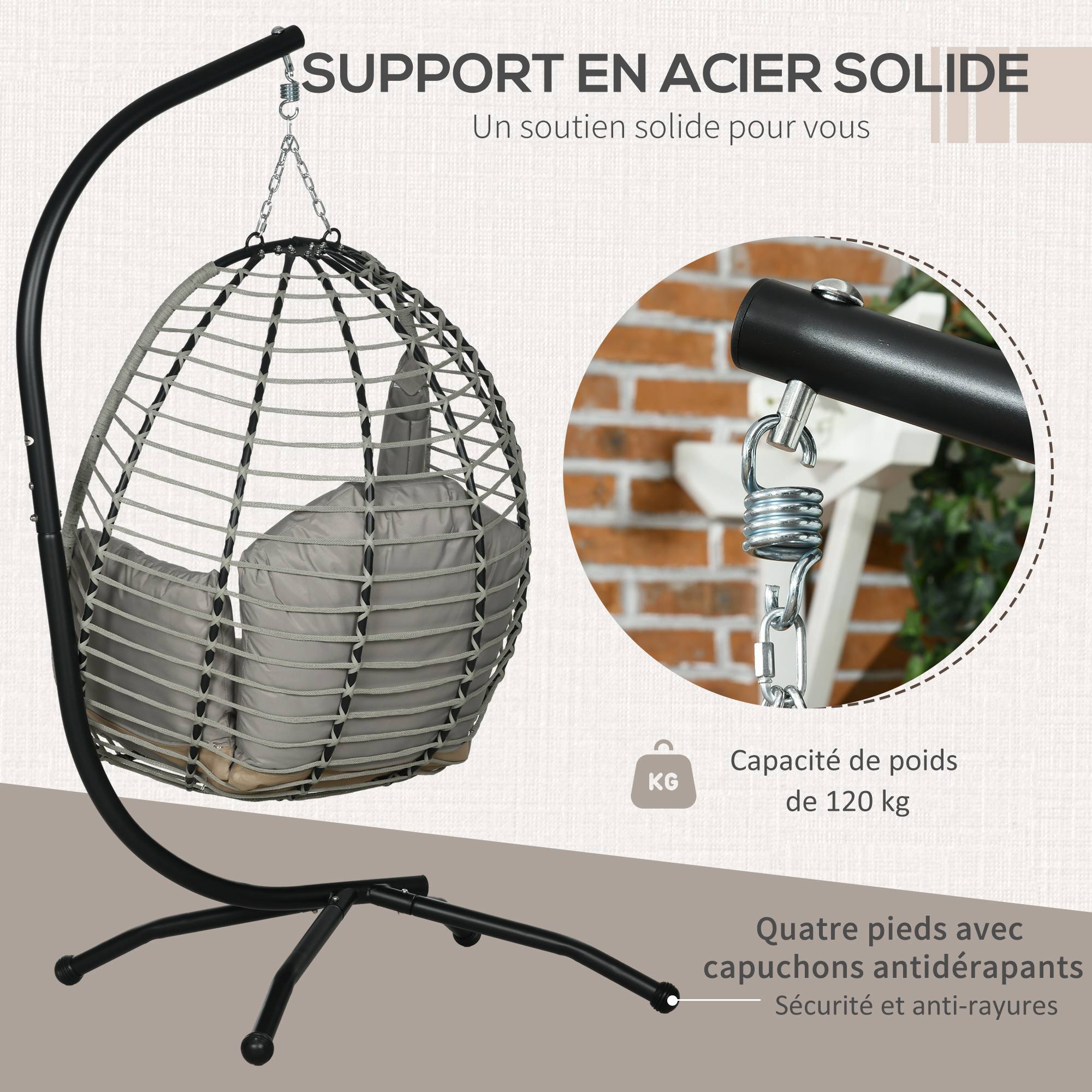 Fauteuil œuf suspendu acier intérieur extérieur pliable 110x100x188cm gris - ComfortXL Outdoor Living - Image 6