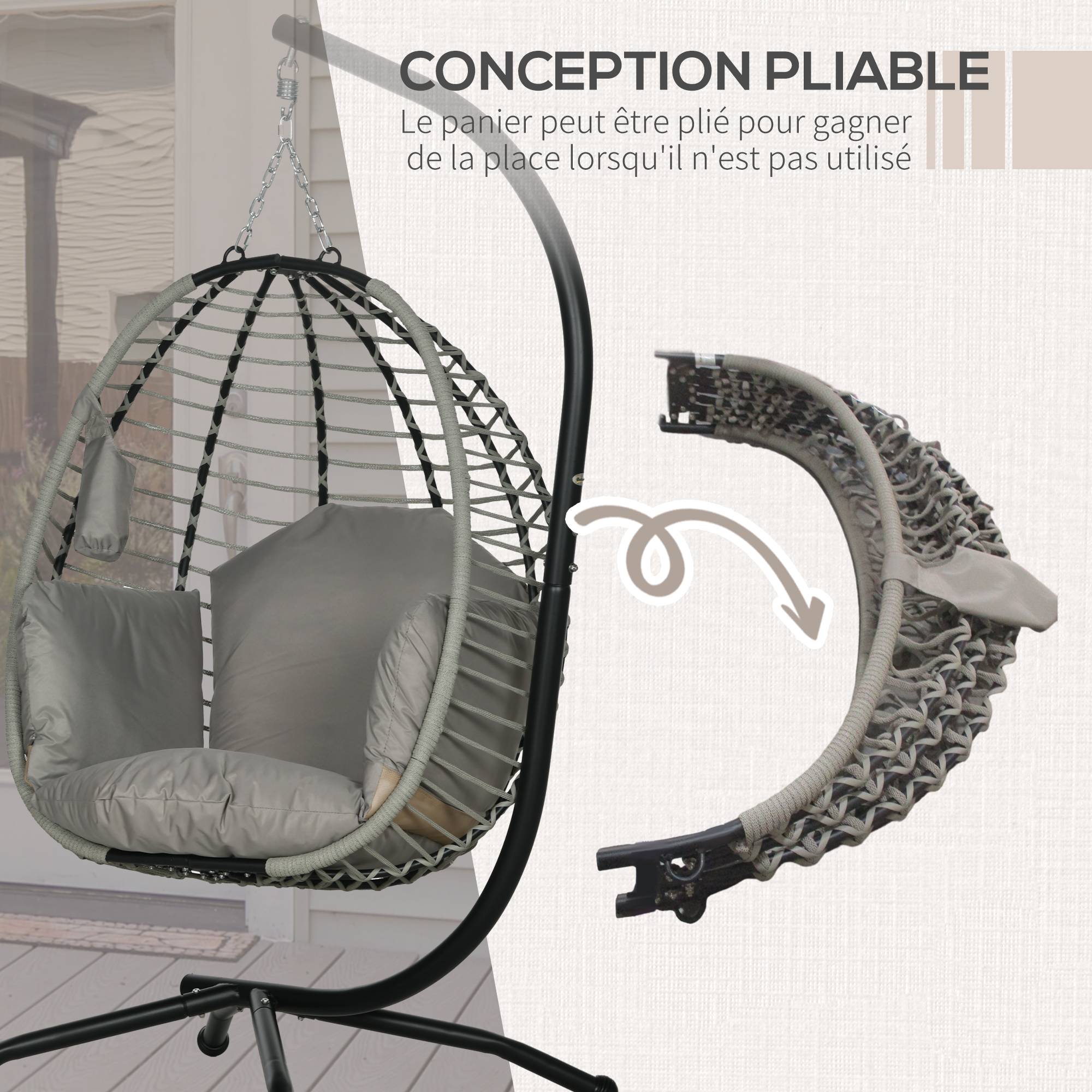 Fauteuil œuf suspendu acier intérieur extérieur pliable 110x100x188cm gris - ComfortXL Outdoor Living - Image 7