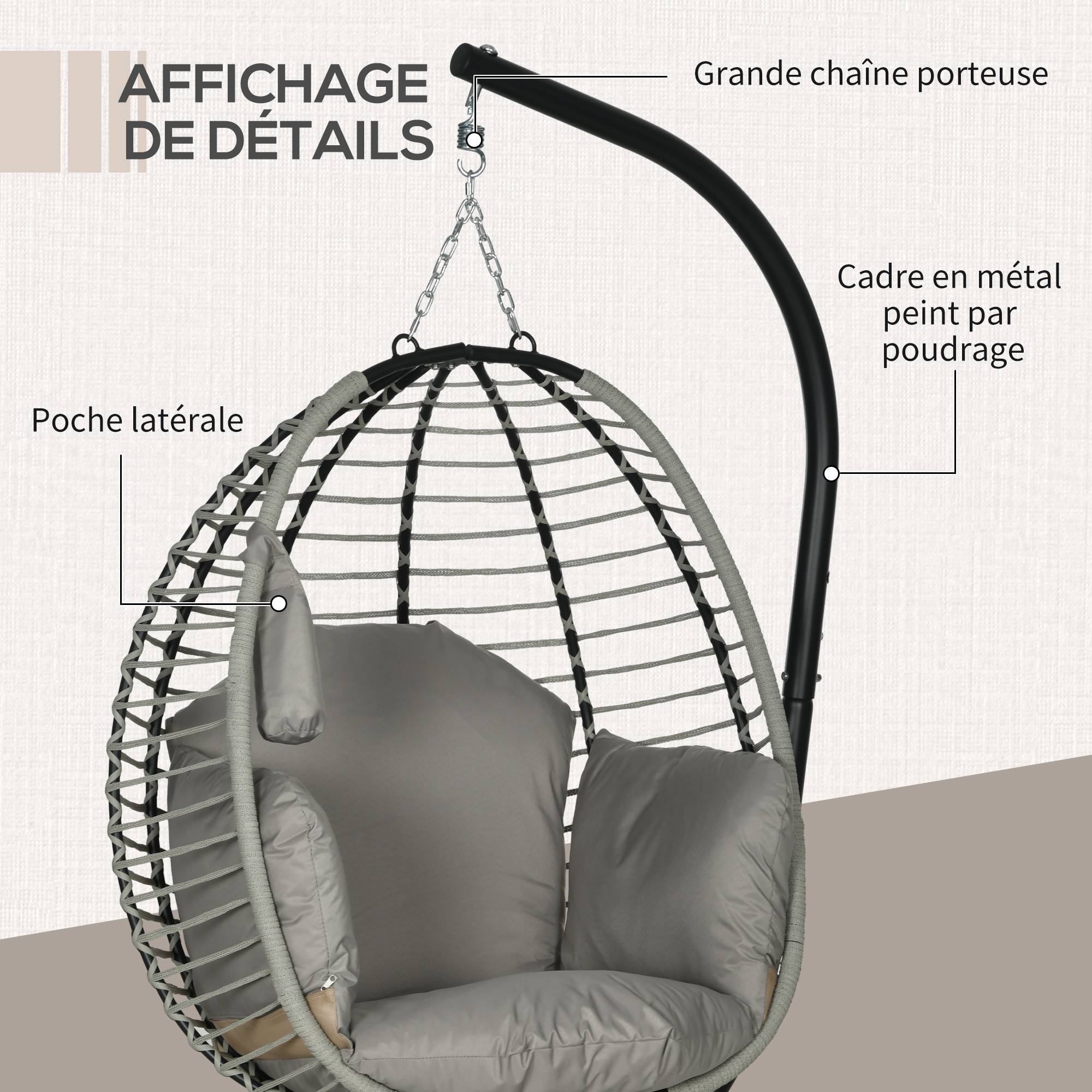 Fauteuil œuf suspendu acier intérieur extérieur pliable 110x100x188cm gris - ComfortXL Outdoor Living - Image 9