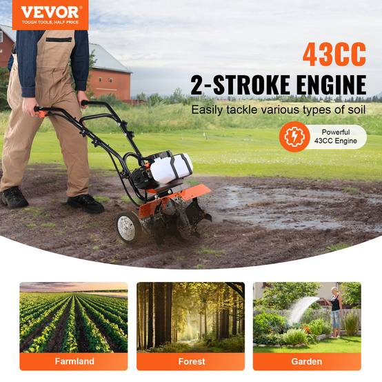 Vevor - VEVOR Motobineuse thermique 43CC 2 temps, 4 dents réglables acier, grandes roues, pour potager. - Image 2