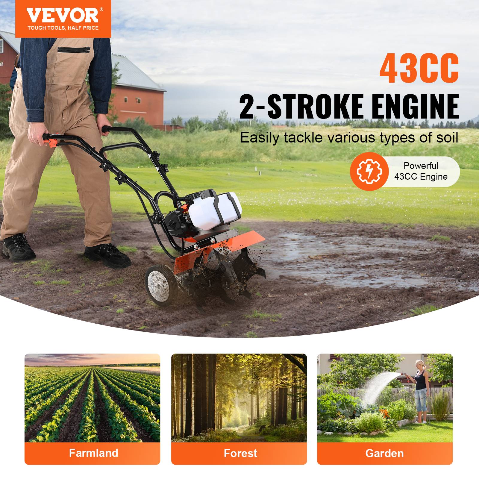 Vevor - VEVOR Motobineuse thermique 43CC 2 temps, 4 dents réglables acier, grandes roues, pour potager. - Image 2