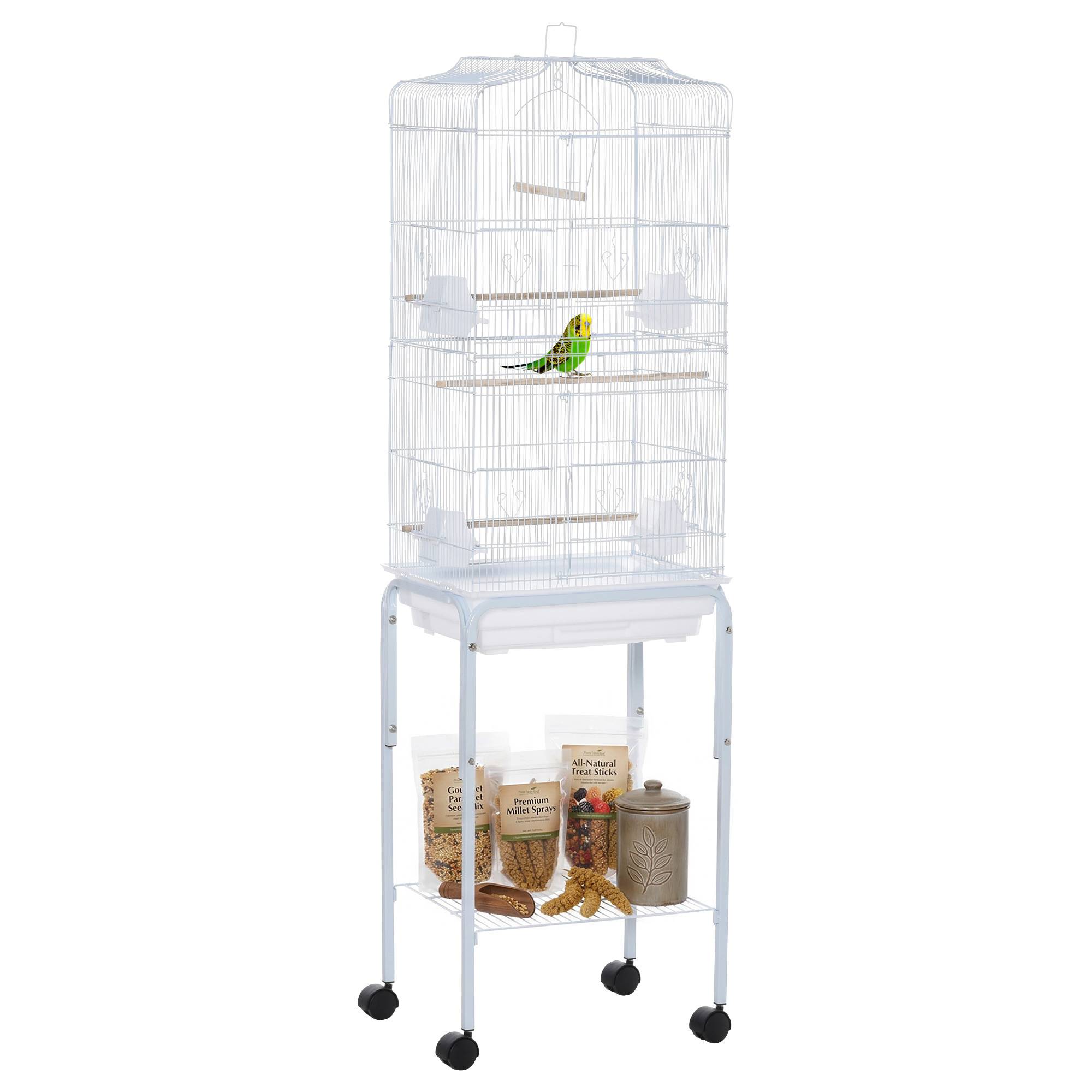 Sans Marque - Cage à oiseaux sur pied volière oiseaux sur roulettes toit ouvrant 3 perchoirs étagère inférieure 46,5x36x157cm blanc