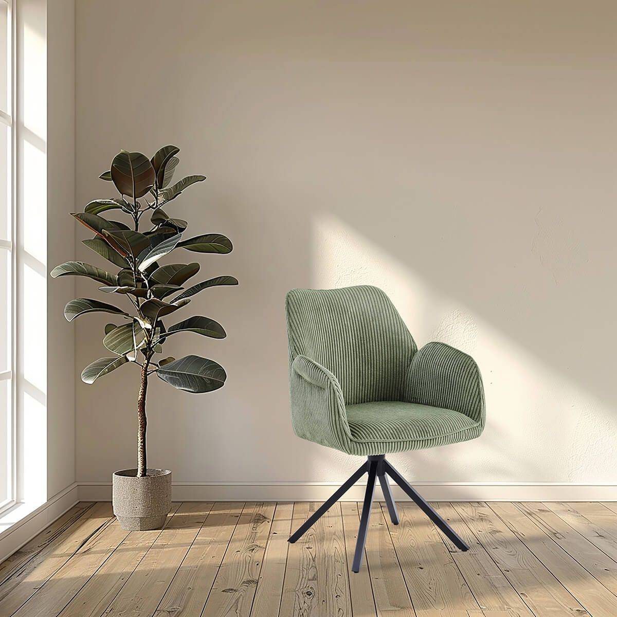 Lot de 2 Fauteuils de table Pivotants Tissu Velours Côtelé Vert - DELIA - Image 6