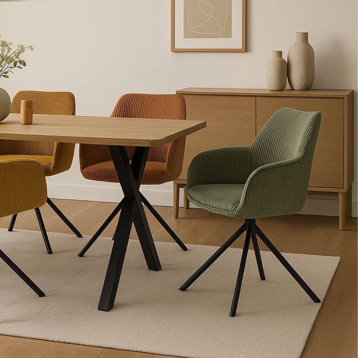 Lot de 2 Fauteuils de table Pivotants Tissu Velours Côtelé Vert - DELIA - Image 2